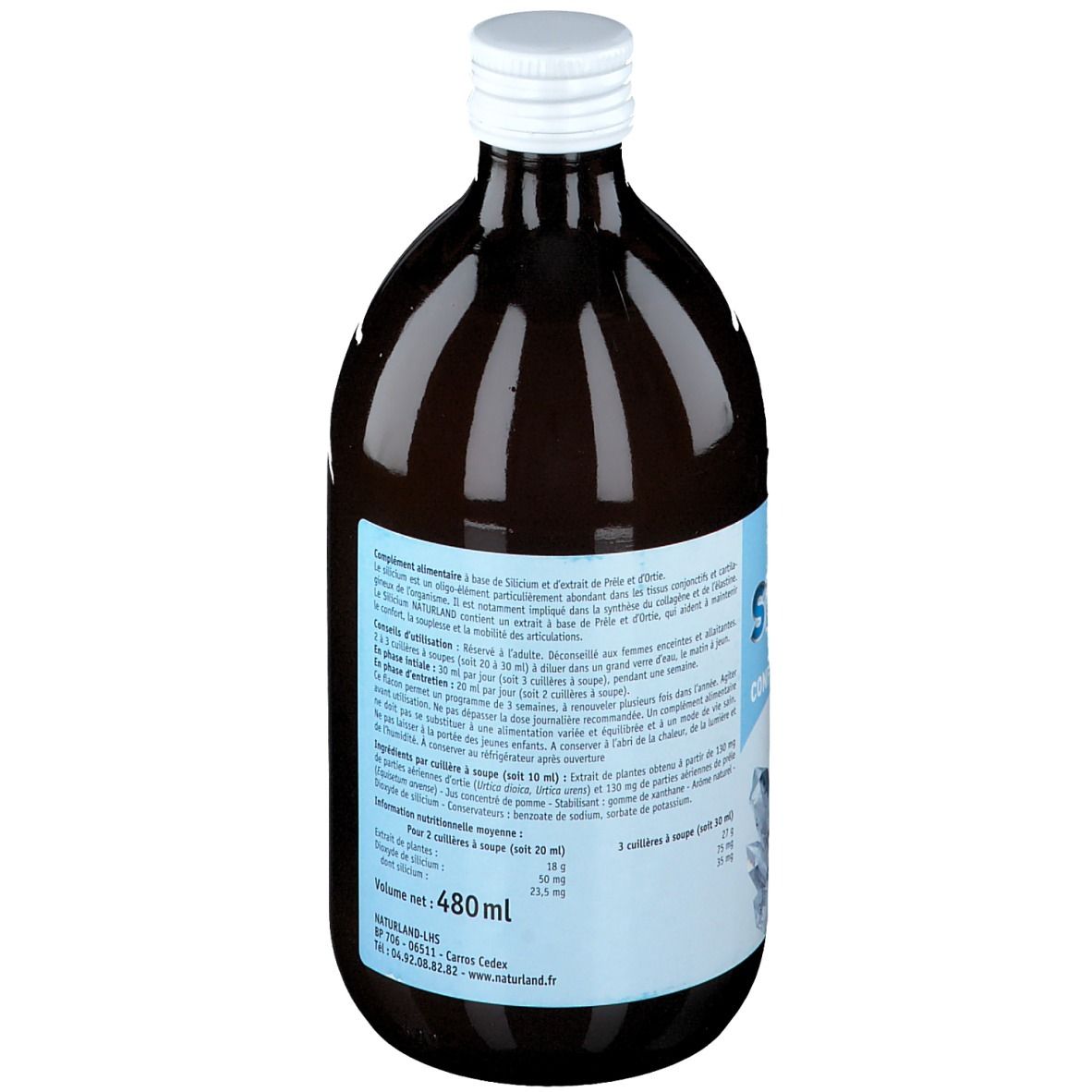 Rückseite einer braunen Glasflasche mit weißem Deckel. Text in Französisch. Volumen: 480 ml. Aufschrift: Naturland SILICIUM.