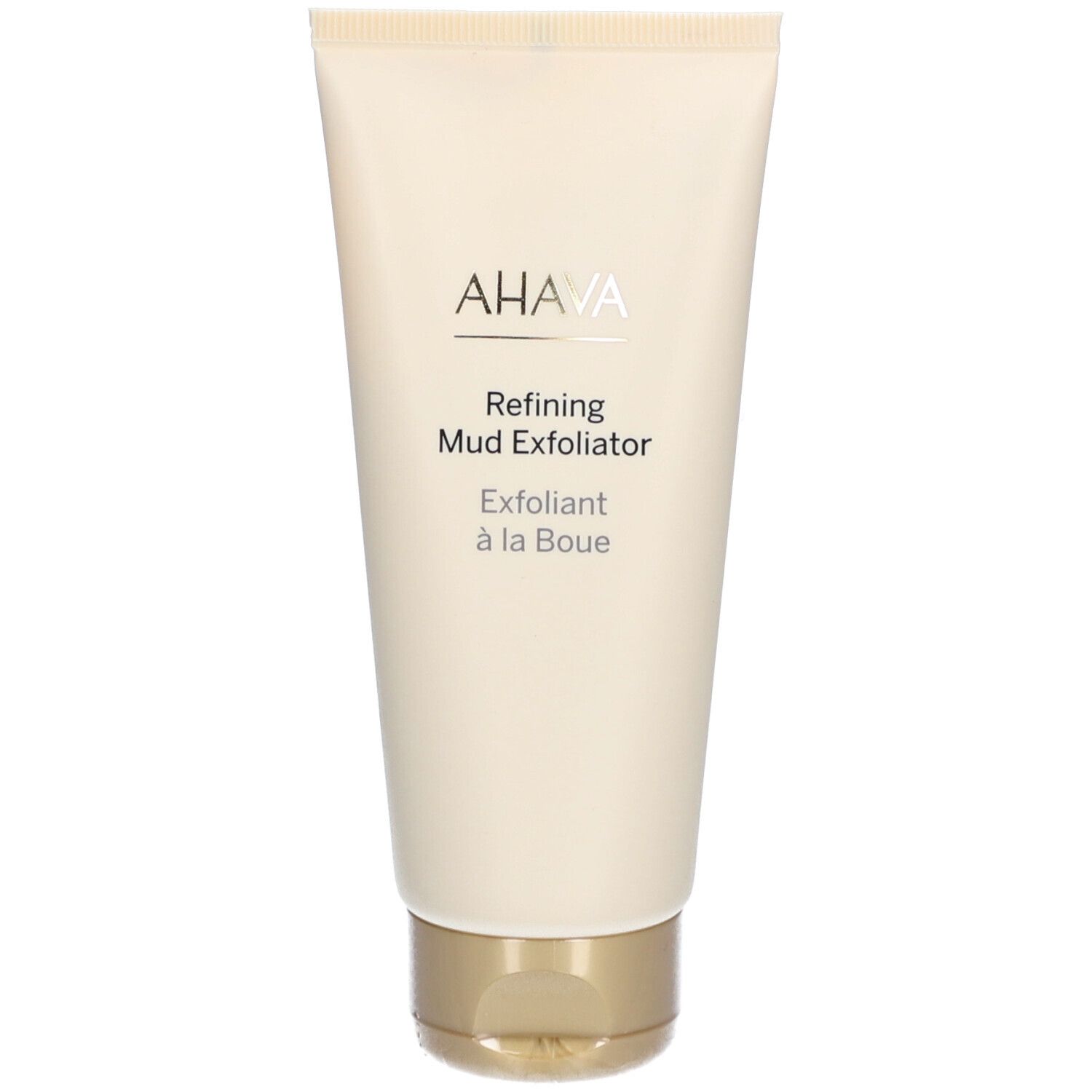 Tube beige avec bouchon doré. Logo AHAVA et nom du produit 'Refining Mud Exfoliator' en noir.