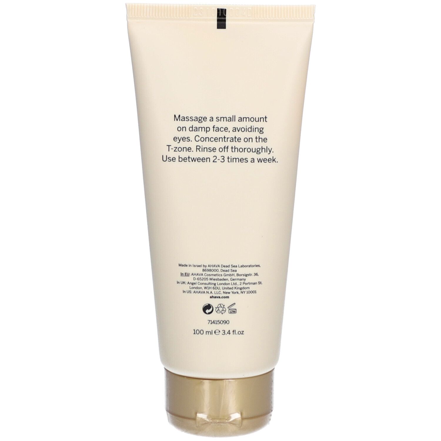 Dos du tube. Texte avec instructions d'utilisation et informations fabricant. 100 ml, 3.4 fl.oz.