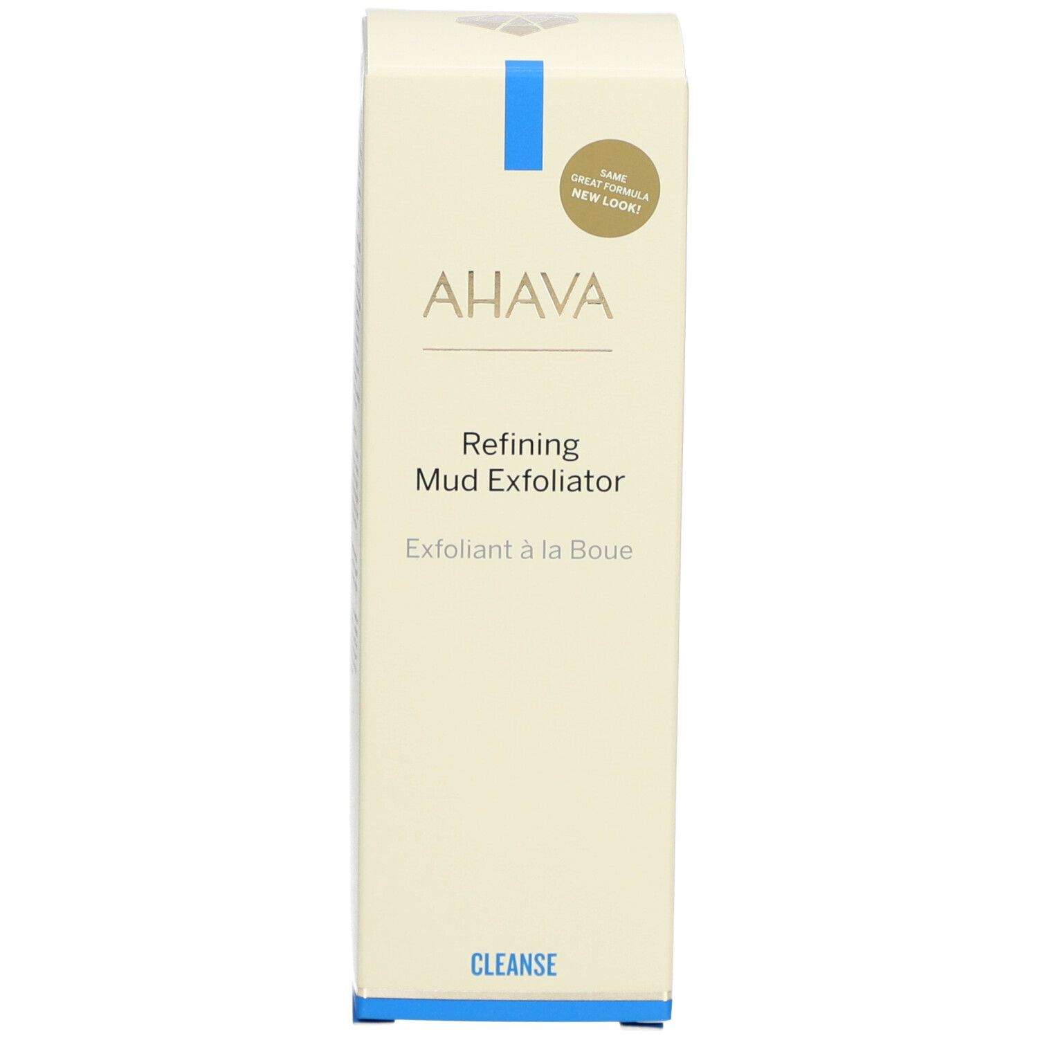 Emballage produit rectangulaire. Logo AHAVA, nom du produit et 'CLEANSE' sur fond crème.