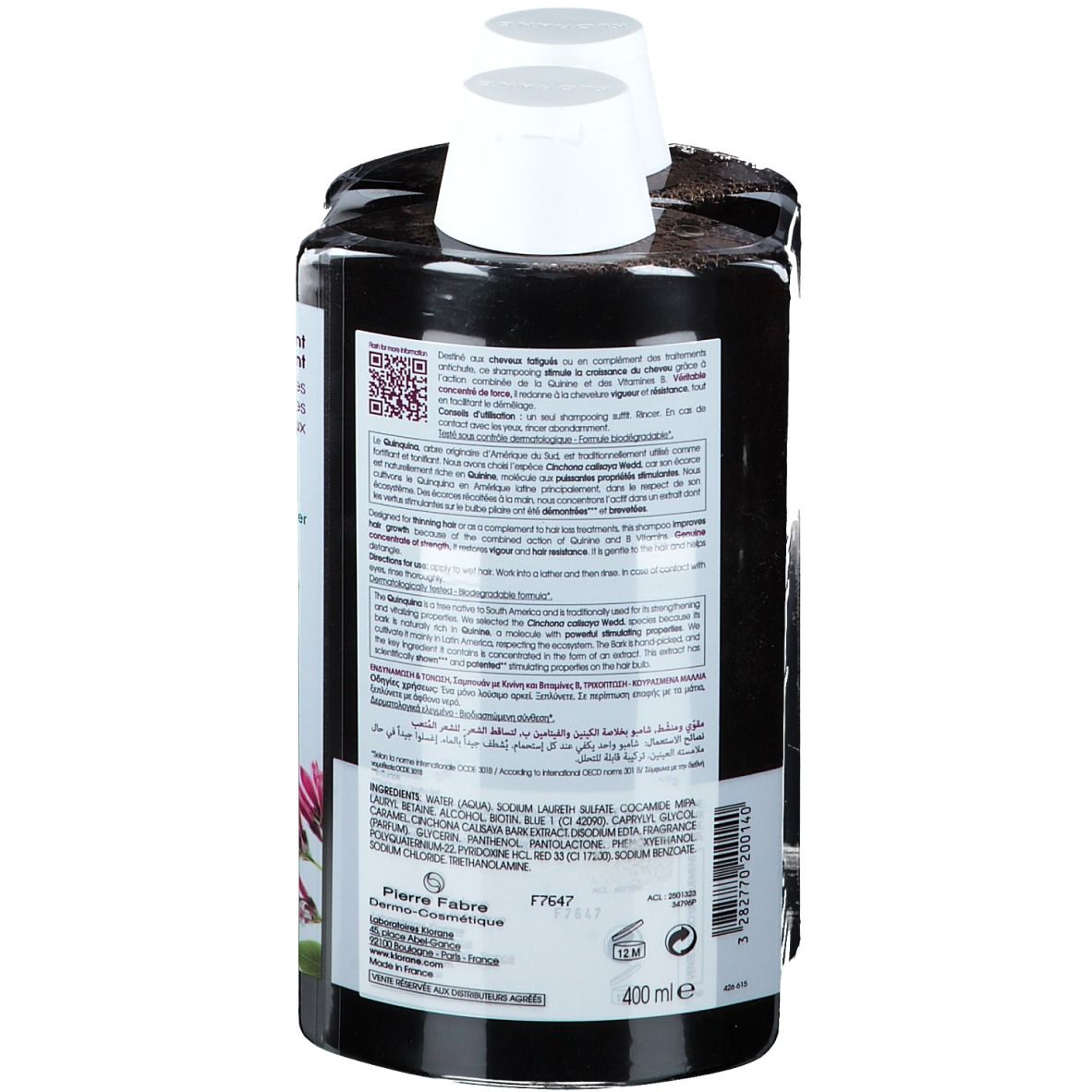 Dos de l'emballage du shampooing avec texte. Ingrédients, informations fabricant et volume : 400 ml.
