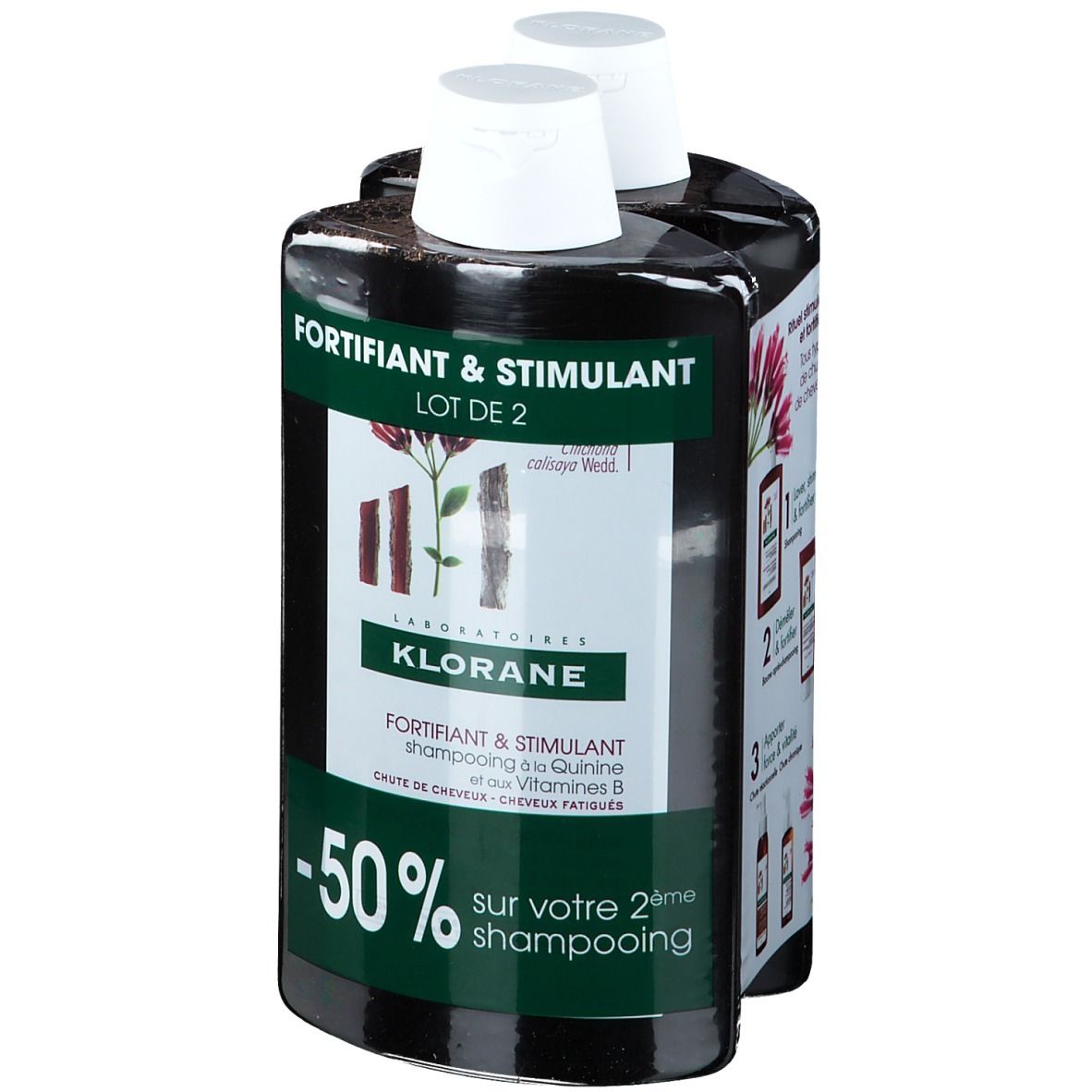 Deux flacons de shampooing dans un emballage. Inscription: FORTIFIANT & STIMULANT, -50% sur le 2ème shampooing.