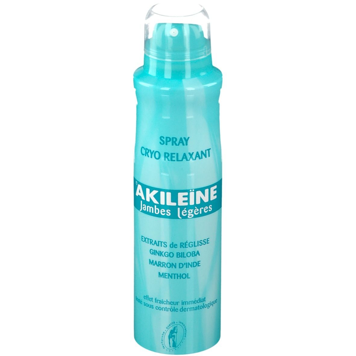 Flacon spray turquoise. Inscription: AKILEÏNE, CRYORELAXANT, Extraits de Réglisse, Ginkgo Biloba, Marron d'Inde, Menthol.