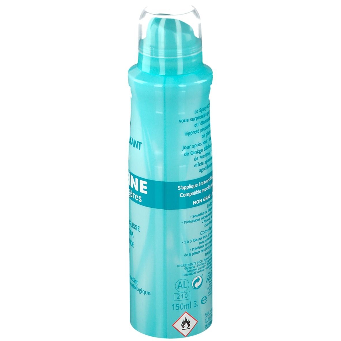Flacon spray turquoise, dos avec texte. Inscription: 150ml, 3. E, AL 210. Symbole de danger.