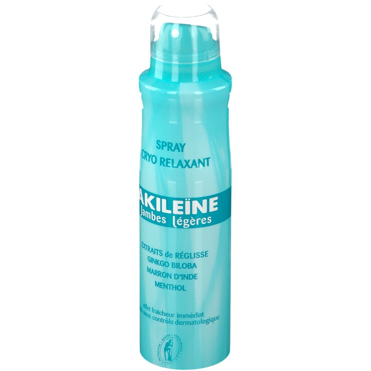 Flacon spray turquoise. Inscription: AKILEÏNE, CRYORELAXANT, Extraits de Réglisse, Ginkgo Biloba, Marron d'Inde, Menthol.