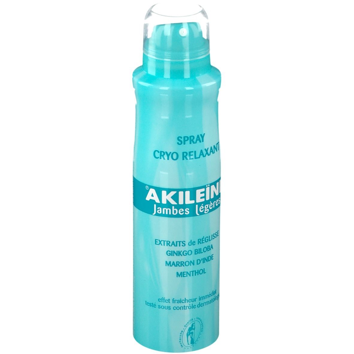 Flacon spray turquoise. Inscription: AKILEÏNE, CRYORELAXANT, Extraits de Réglisse, Ginkgo Biloba, Marron d'Inde, Menthol.