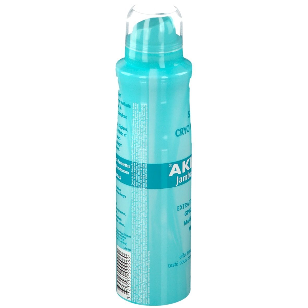 Flacon spray turquoise, dos avec texte. Inscription: AKILEÏNE, CRYORELAXANT, Extraits de Réglisse, Ginkgo Biloba, Marron d'Inde, Menthol.
