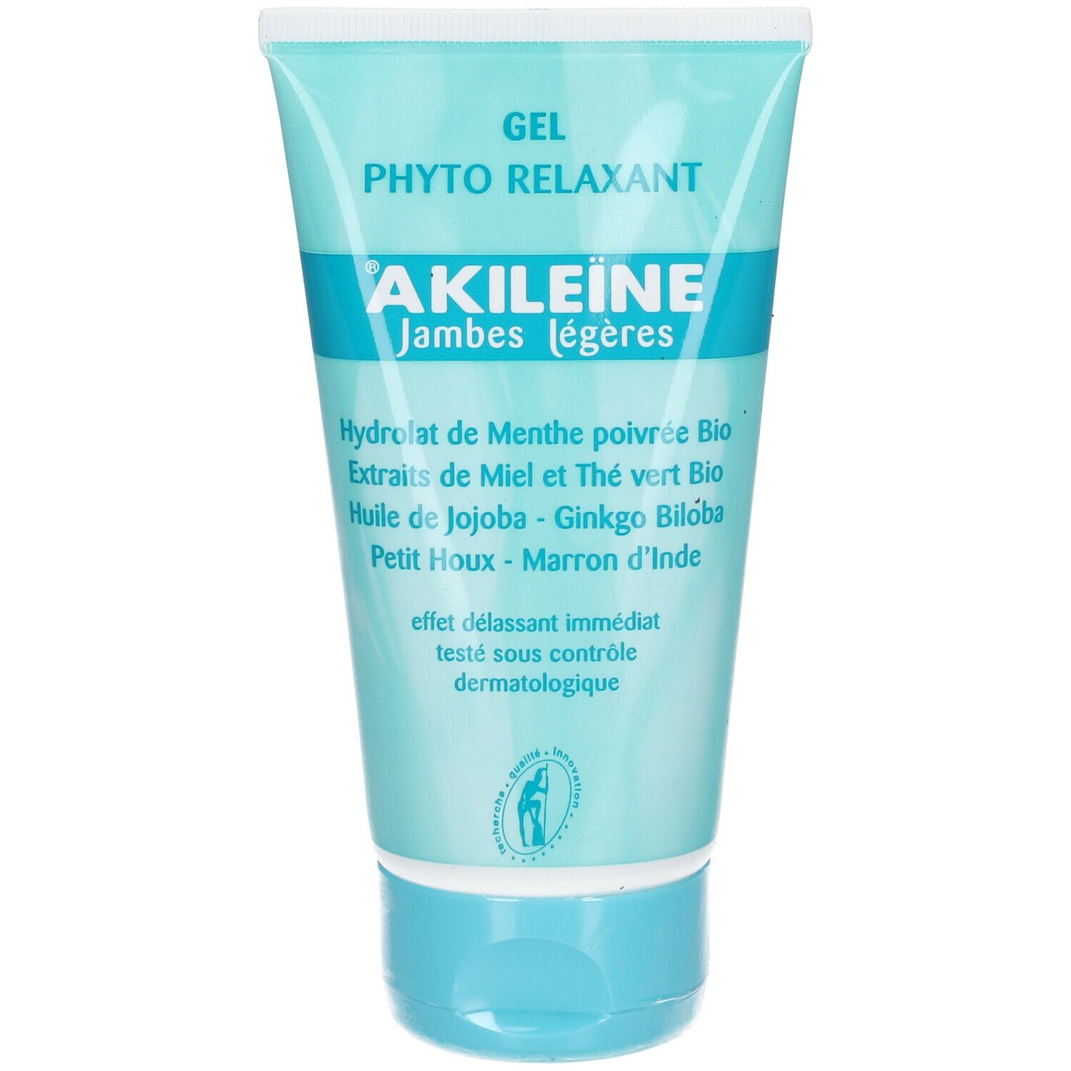 Tube turquoise. Inscription "AKILEÏNE". Texte "Phyto Relaxant" et "Jambes légères". Ingrédients et logo.