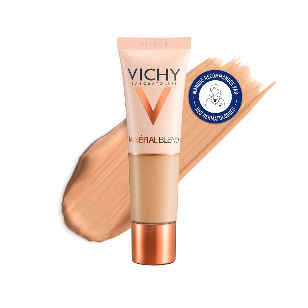Fond de teint VICHY Mineralblend Nr. 09 Achat. Tube et échantillon de couleur. Sceau: Marque recommandée par les dermatologues.