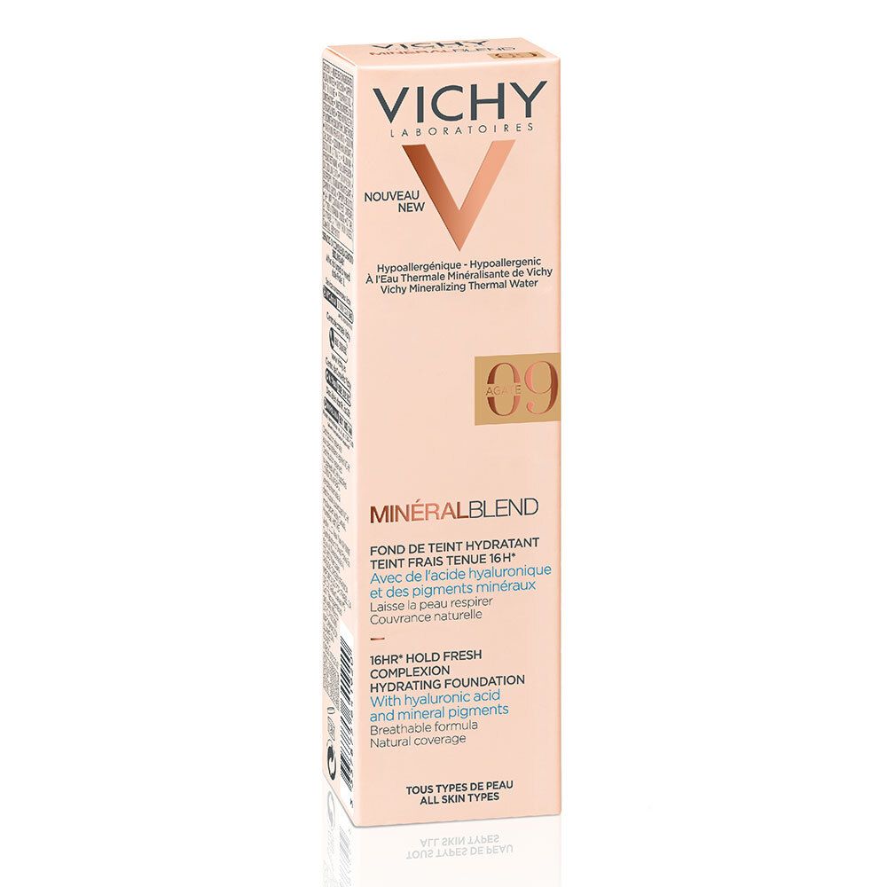 Emballage carton du fond de teint VICHY Mineralblend Nr. 09 Achat. Texte: 'Nouveau', '09', 'Mineralblend', 'Tous types de peau'.