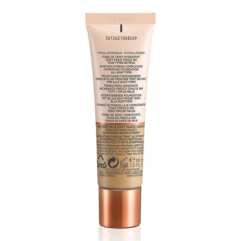 Dos du tube de fond de teint. Texte multilingue. E30ml. Logo Vichy. Teinte 12 SIENNA.