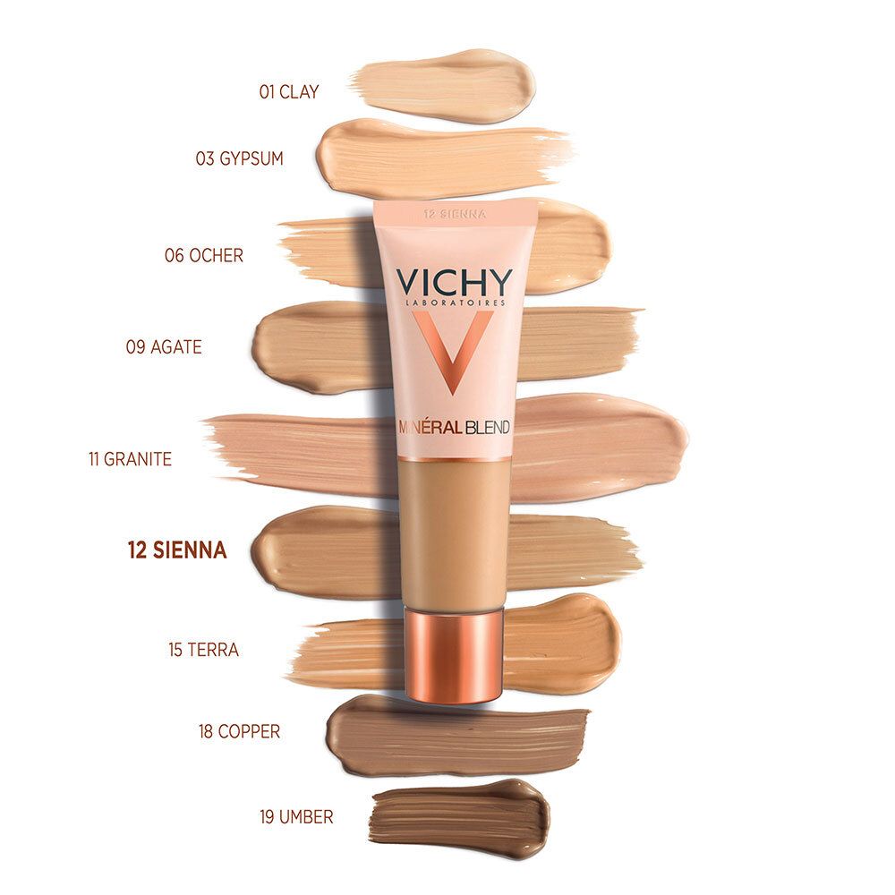 Tubes de fond de teint avec teintes. Teinte 12 SIENNA. Logo Vichy et Mineralblend.