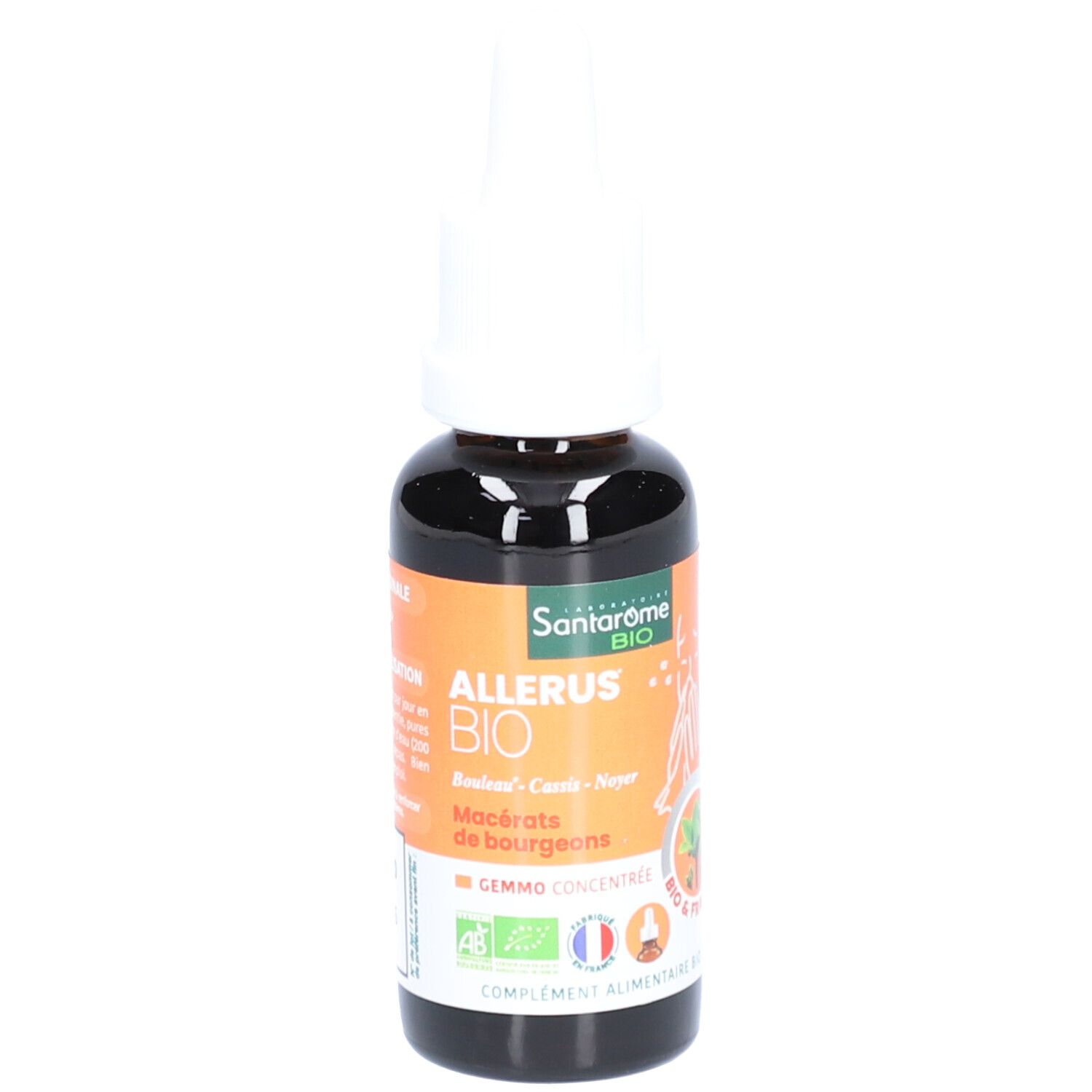 Braune Glasflasche mit weißem Tropfer. Aufschrift: Allerus Bio, Gemmo concentré. Bio-Zertifizierung.