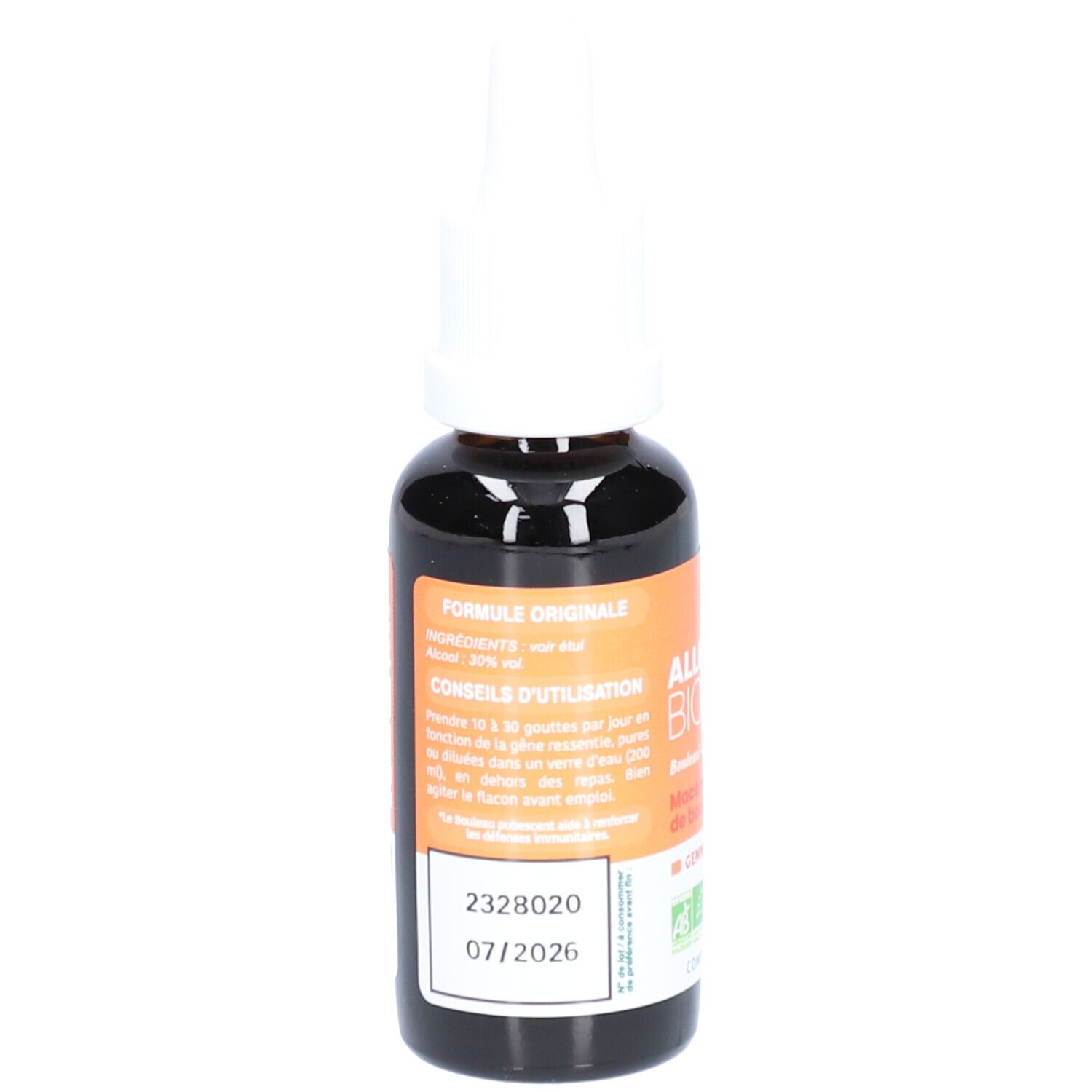 Braune Glasflasche mit weißem Tropfer. Aufschrift: Allerus Bio. Etikett mit Inhaltsstoffen und Verfallsdatum.