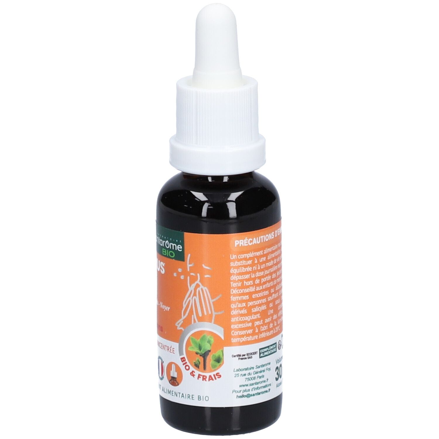Braune Glasflasche mit weißem Tropfer. Aufschrift: Allerus Bio. Etikett mit Inhaltsstoffen und Bio-Zertifizierung.