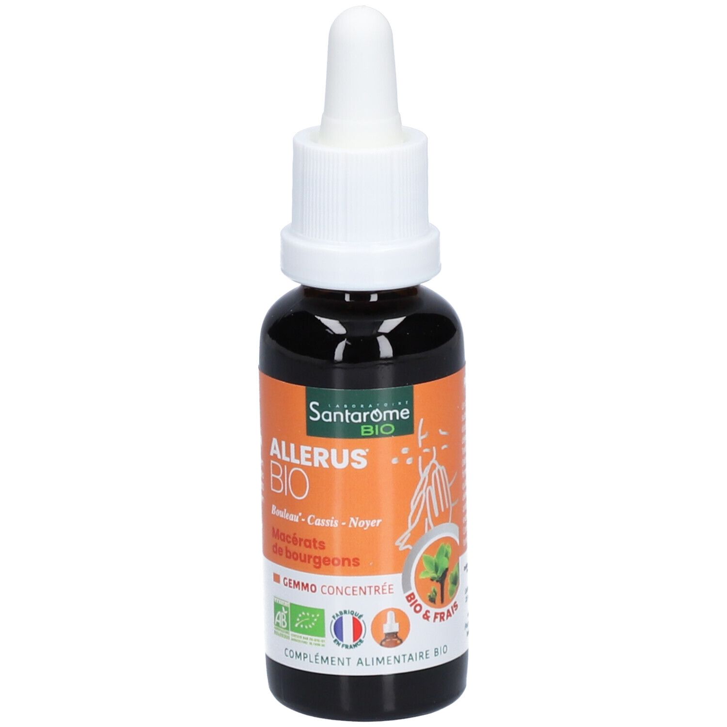 Braune Glasflasche mit weißem Tropfer. Aufschrift: Allerus Bio. Bio-Zertifizierung und Produktinformationen.
