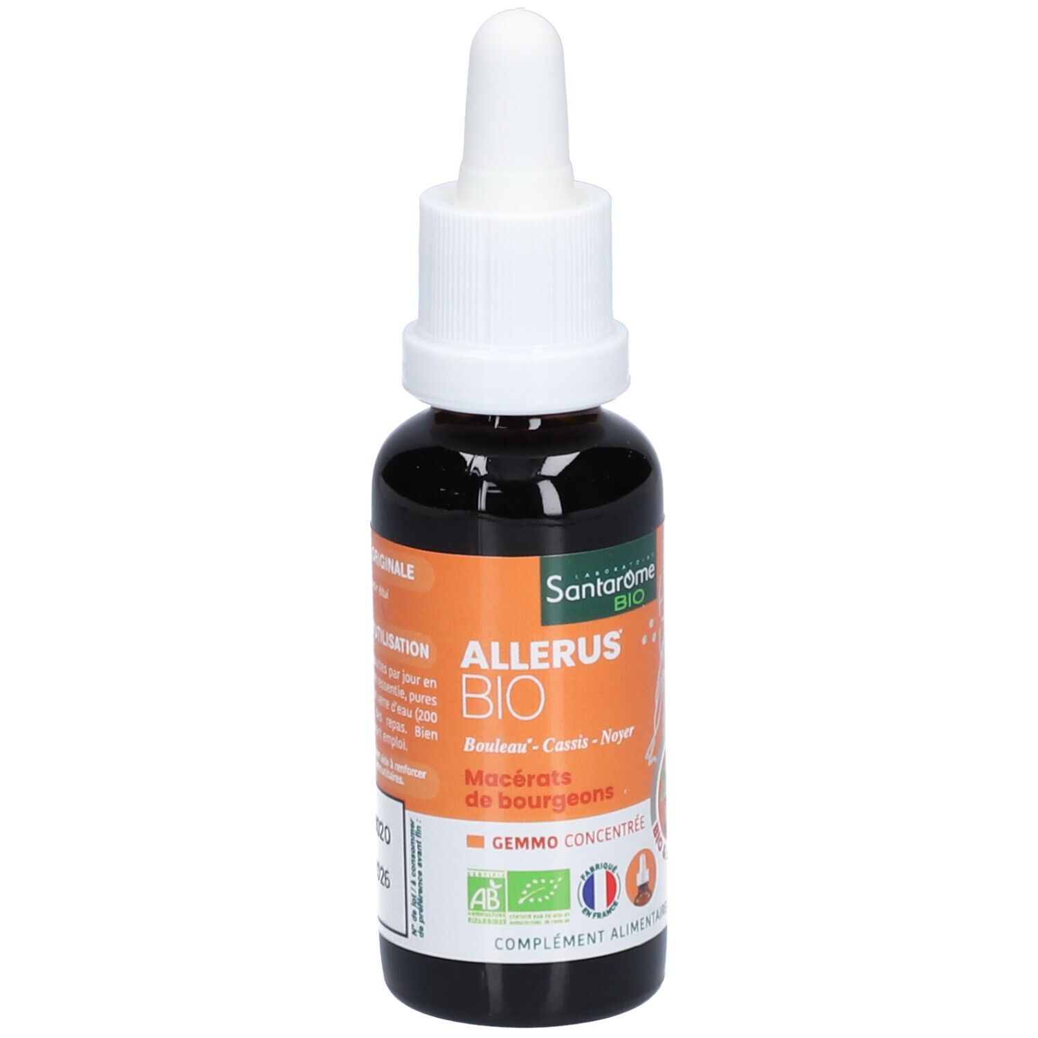 Braune Glasflasche mit weißem Tropfer. Aufschrift: Allerus Bio. Etikett mit Produktinformationen und Bio-Siegel.