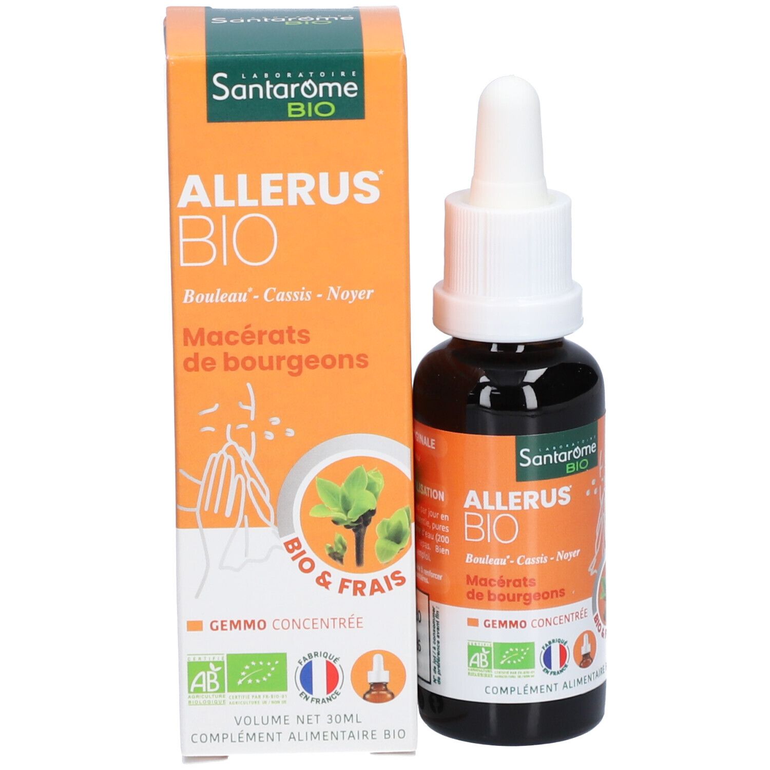 Produktflasche und Verpackung. Aufschrift: Allerus Bio. Verpackung mit Produktabbildung und Bio-Siegel.