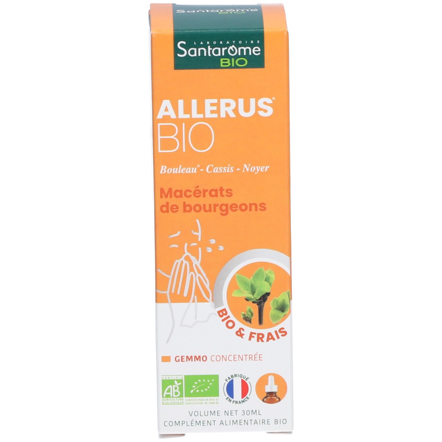 Produktverpackung. Aufschrift: Allerus Bio. Verpackung mit Produktabbildung, Bio-Siegel und Volumenangabe.