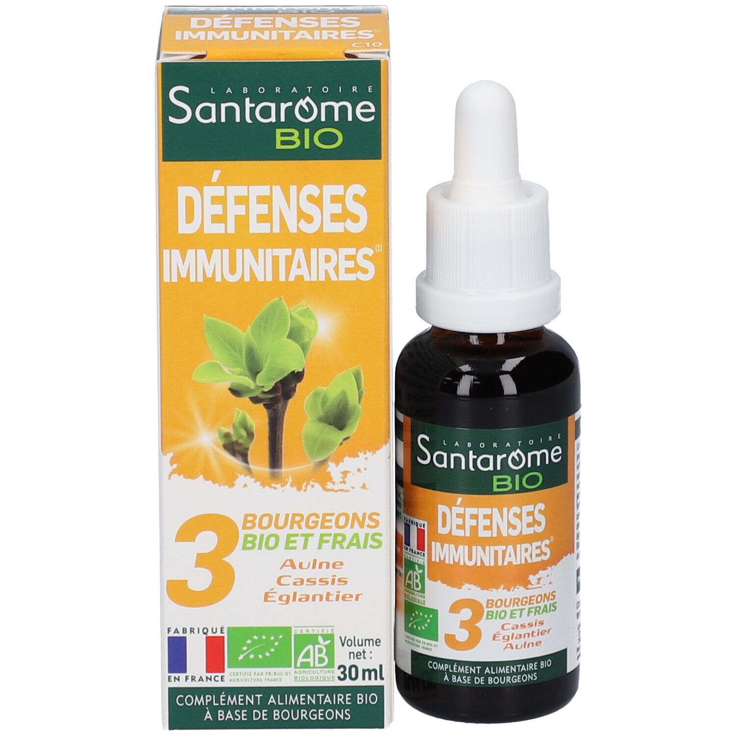 Emballage du produit avec flacon et boîte. Inscription: Santarome BIO, Défenses Immunitaires, 3 Bourgeons. Volume: 30 ml.