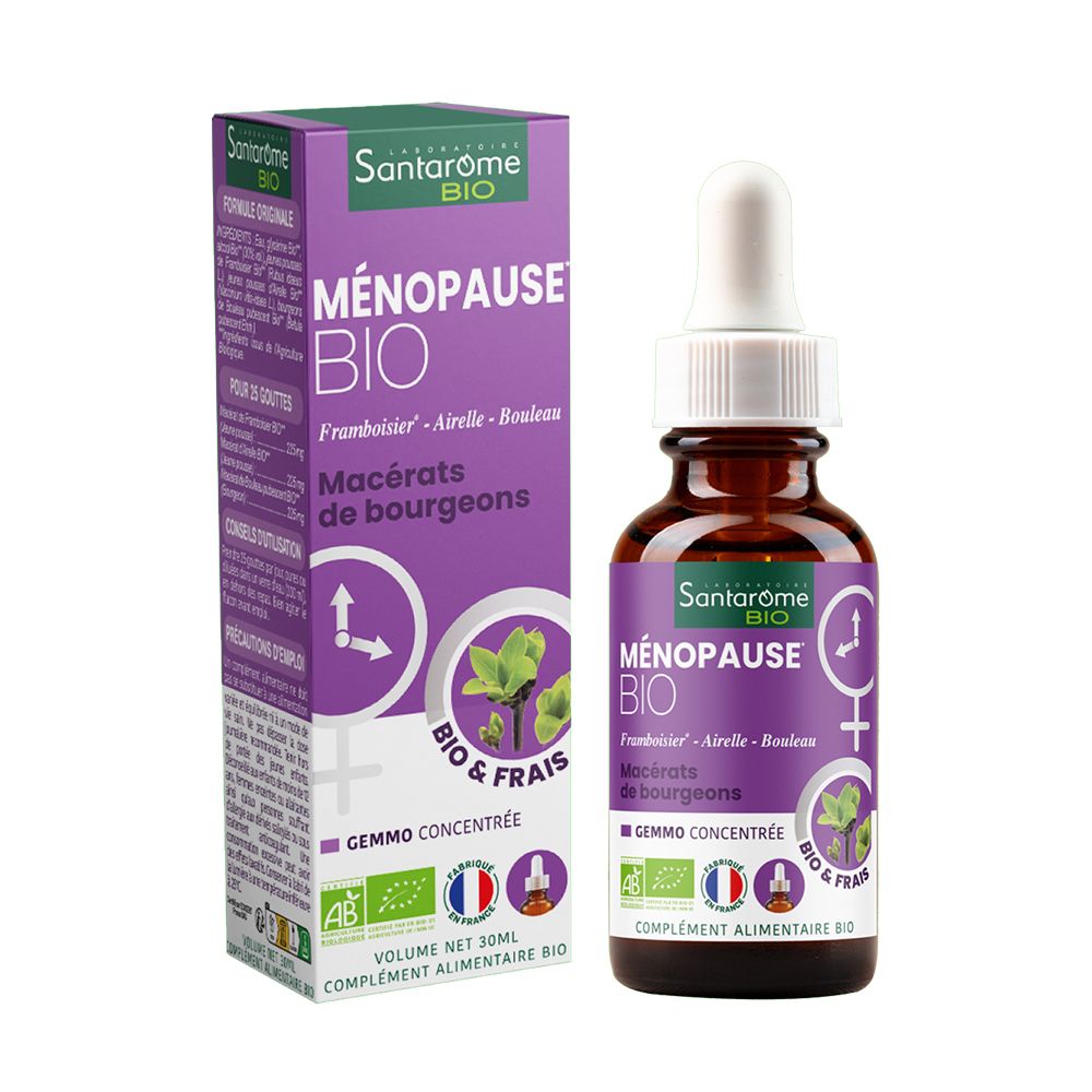 Braune Glasflasche mit Pipette und lila Etikett. Produktname: Ménopause Bio. Mit Verpackung.