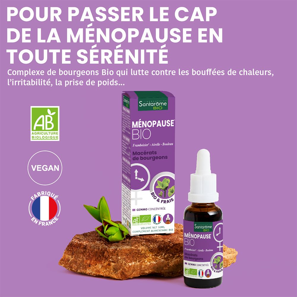 Produktflasche und Verpackung auf Stein. Text: Ménopause Bio. AB-Siegel, Vegan-Siegel, Made in France.