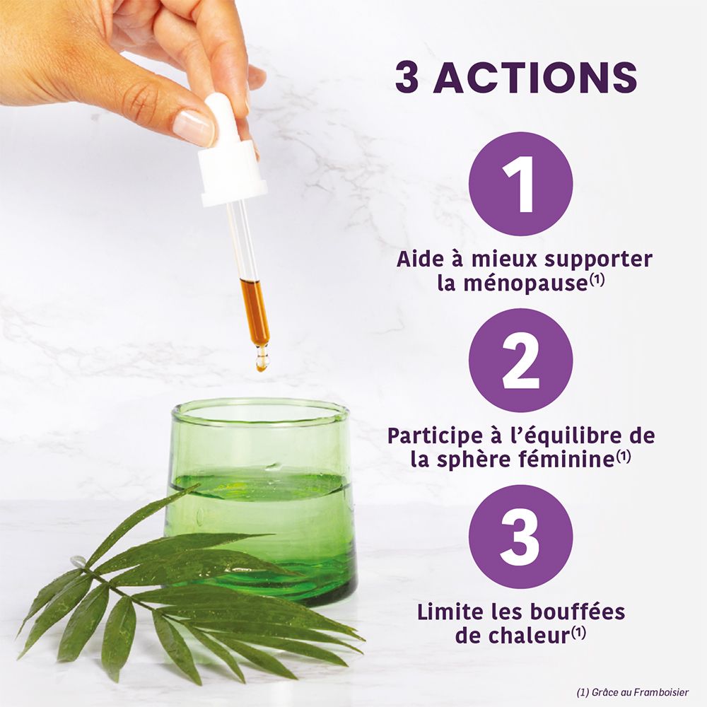 Hand mit Pipette über Glas. 3 Aktionen: Unterstützung der Menopause, Gleichgewicht, Hitzewallungen.