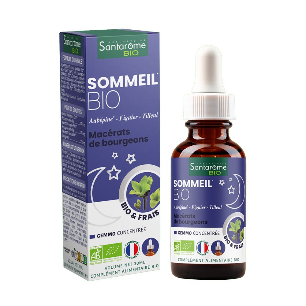 Flacon brun avec pipette et boîte. Inscription: Santarome Bio Sommeil. Certification Bio.