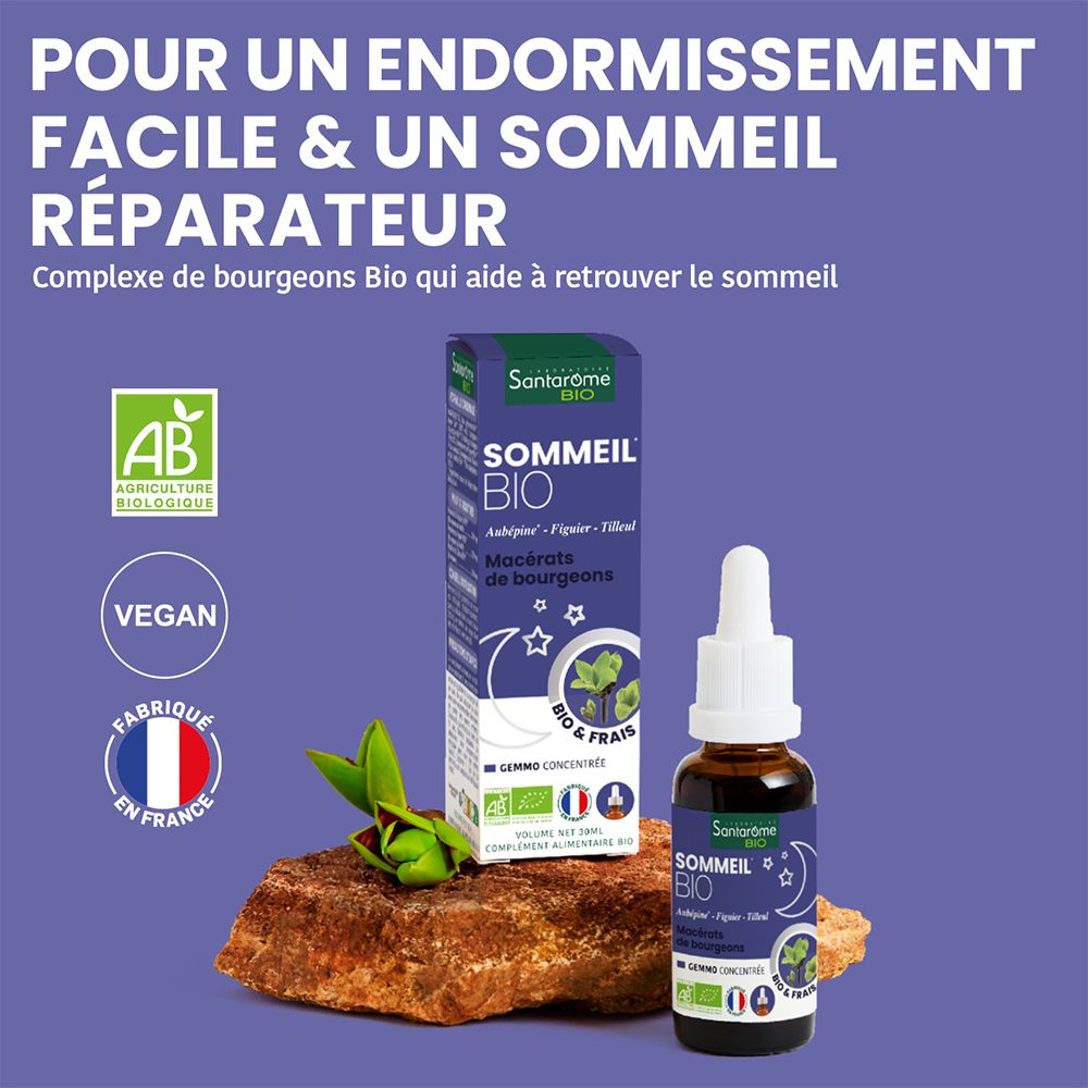 Emballage et flacon sur pierre. Inscription: Santarome Bio Sommeil. Certification Bio, label Vegan.