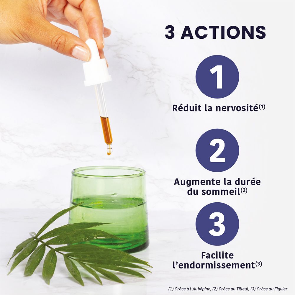 Main avec pipette au-dessus d'un verre. 3 actions: Réduit la nervosité, augmente le sommeil, facilite l'endormissement.