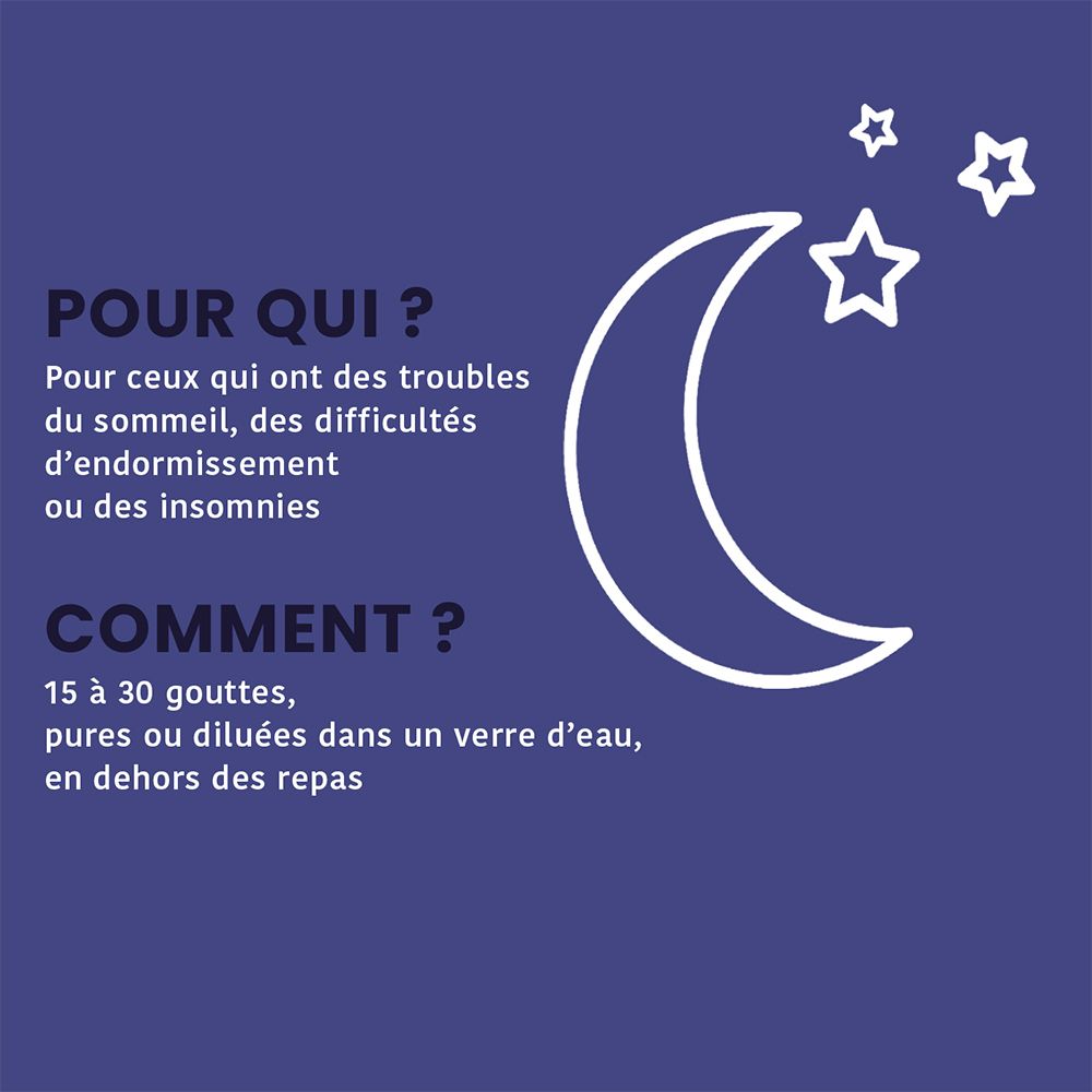 Texte sur fond bleu. Question: Pourquoi ? Réponse: Troubles du sommeil. Question: Comment ? 15-30 gouttes dans l'eau.