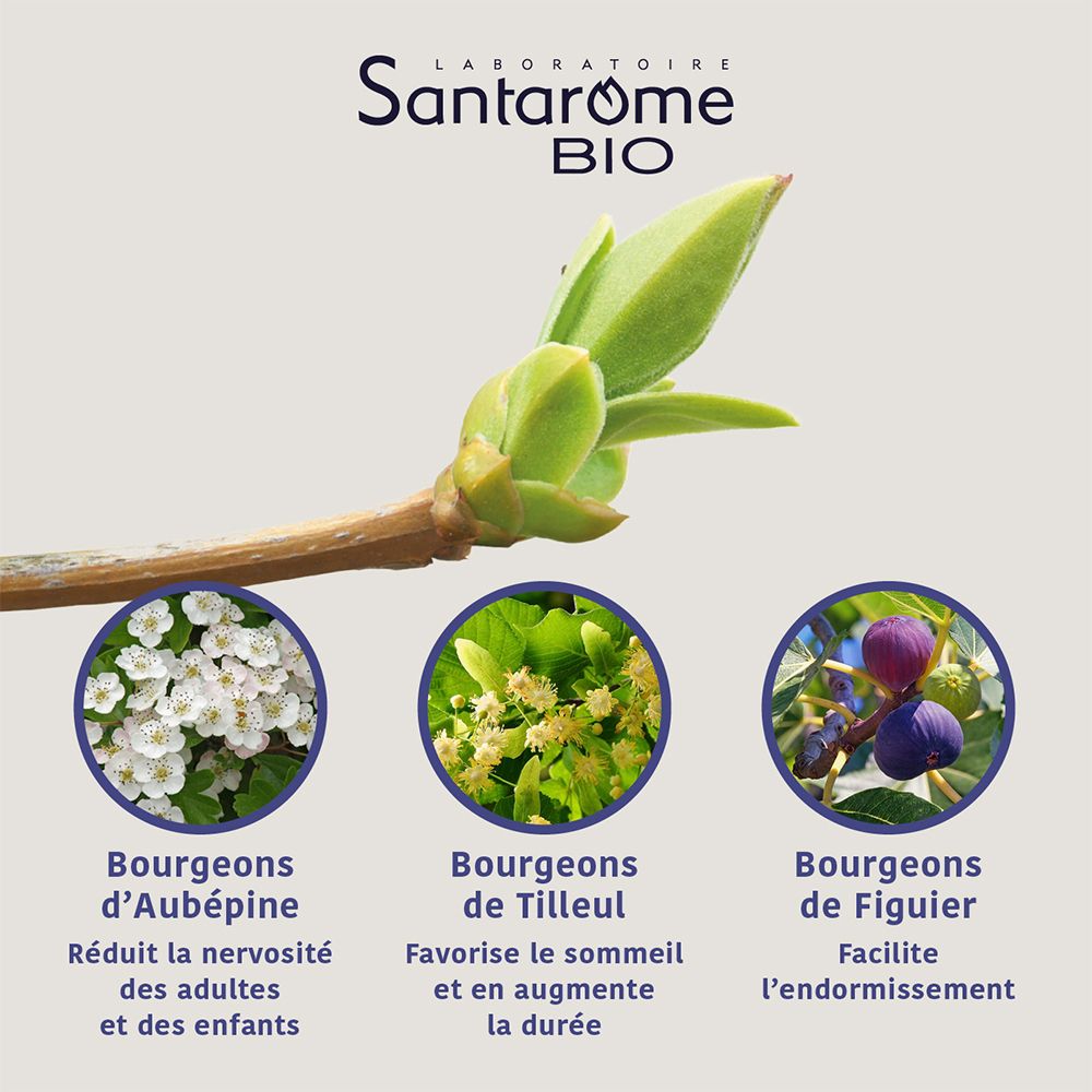 Branche avec feuilles et fleurs. 3 images: Aubépine, Tilleul, Figue. Texte: Ingrédients actifs.