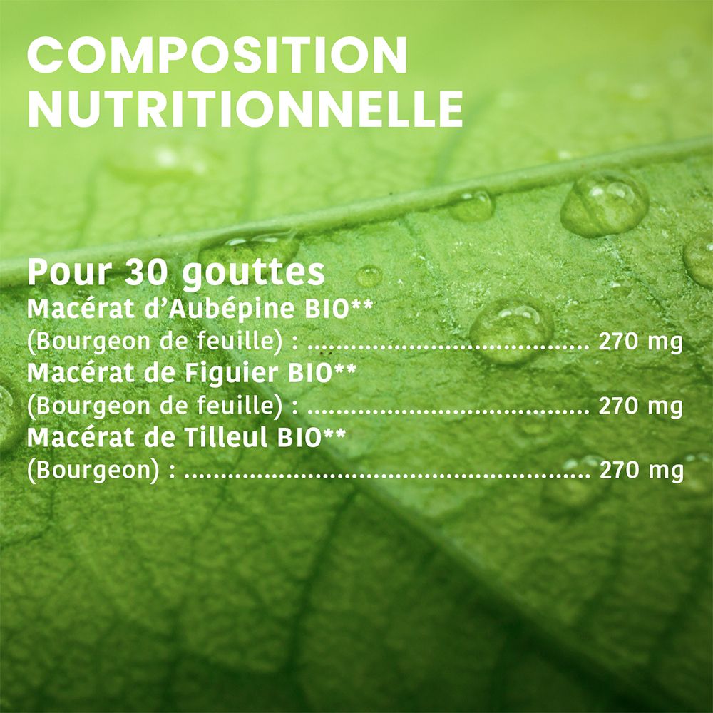 Feuille avec gouttes d'eau. Texte: Composition nutritionnelle. 3 ingrédients: Aubépine, Figue, Tilleul.
