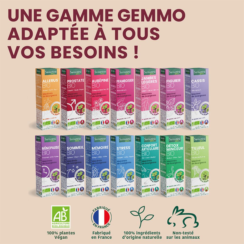 Étagère avec différents produits Santarome Bio. 12 produits différents. Certification Bio, label Vegan.