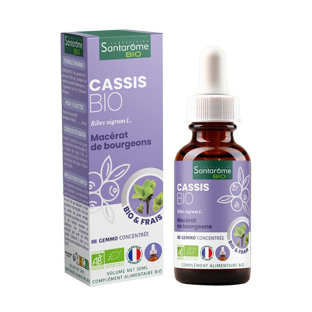 Flacon en verre brun avec compte-gouttes et boîte. Inscription : Cassis Bio, Gemmo concentrée. Certification bio.