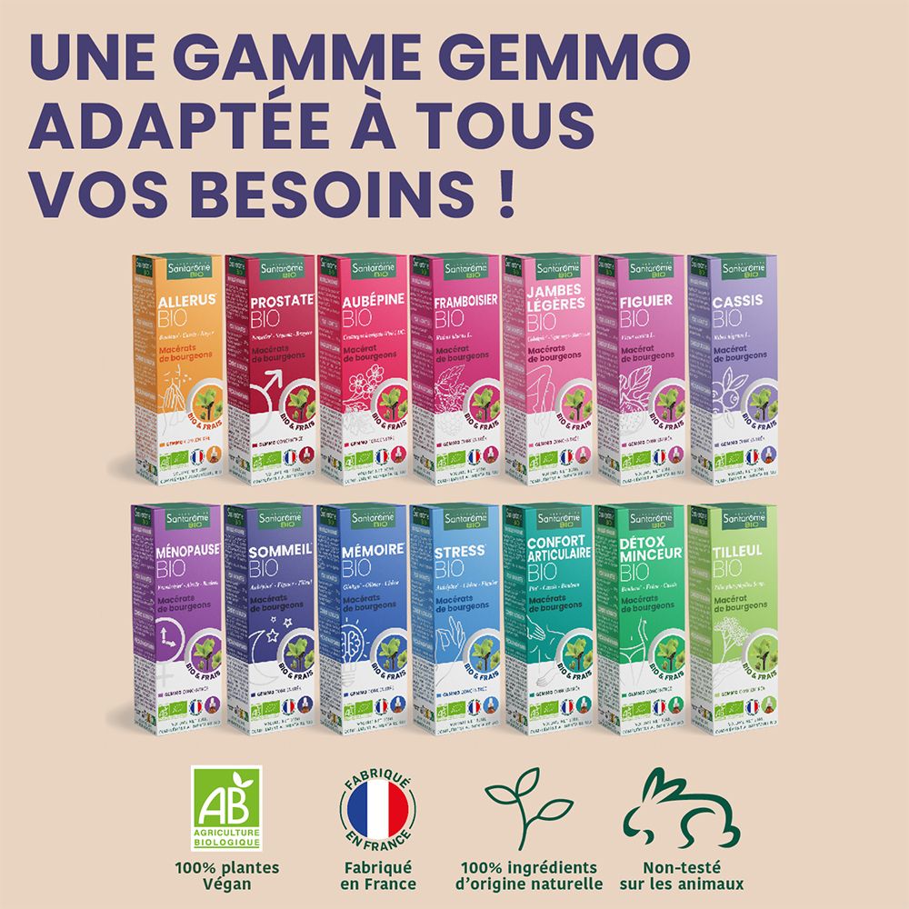 Rangée de boîtes de produits. Inscription : Santarome Bio. Différents produits. Certification bio.