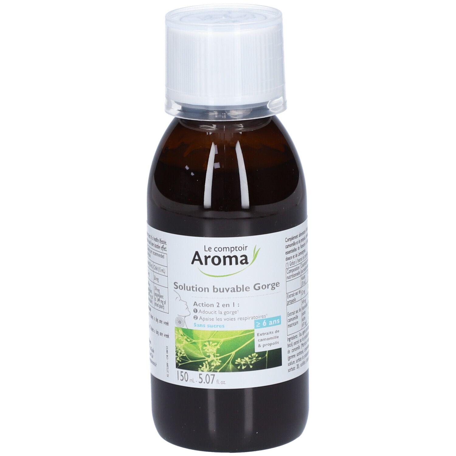 Flacon marron avec bouchon blanc. Étiquette avec informations produit. Inscription : Le comptoir Aroma, Solution buvable Gorge.