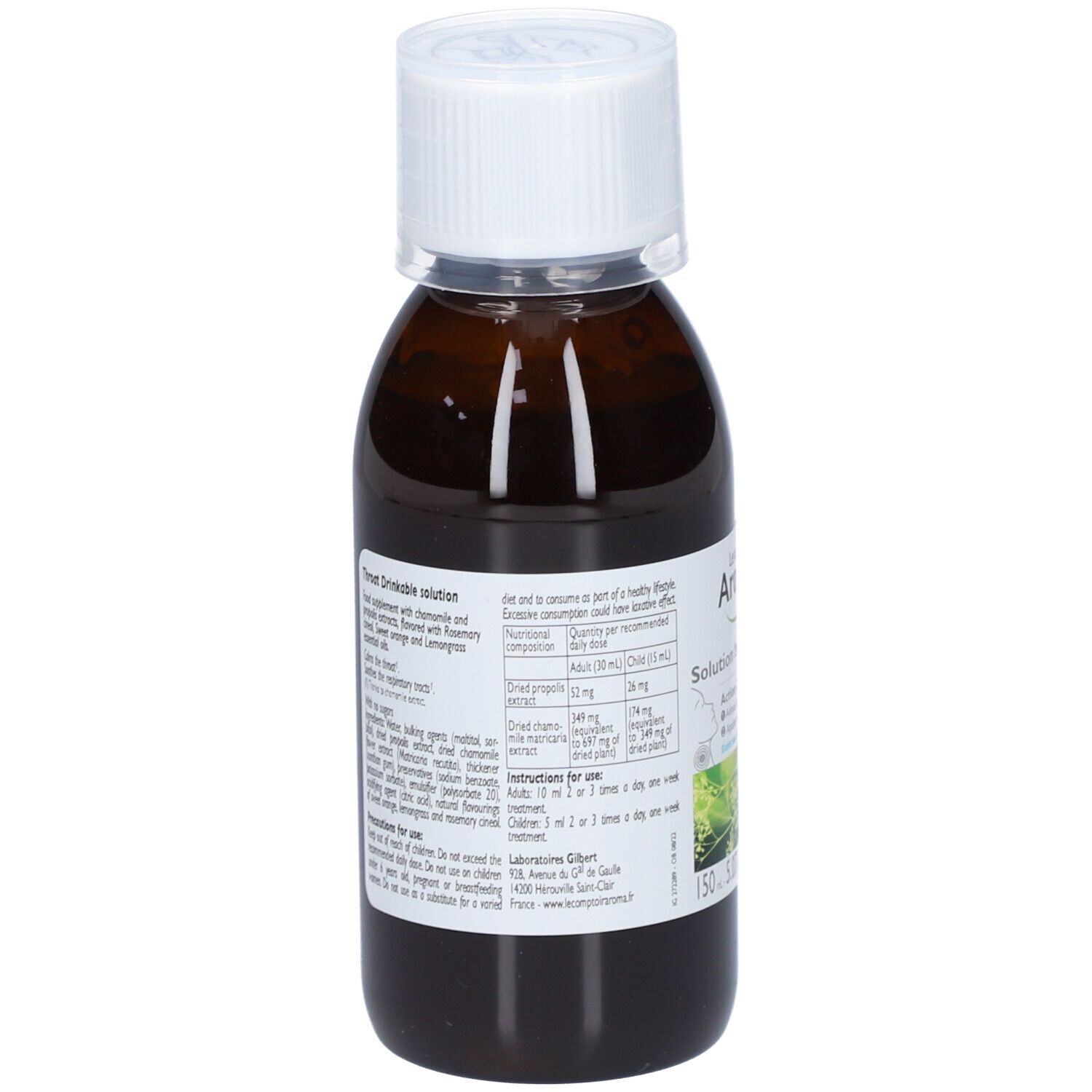 Flacon marron avec bouchon blanc. Étiquette avec informations produit. Inscription : Le comptoir Aroma, Solution buvable Gorge.