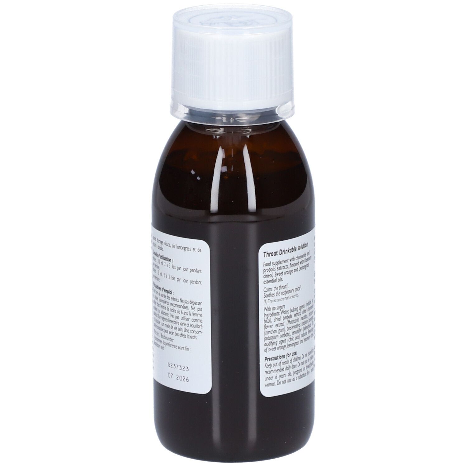 Flacon marron avec bouchon blanc. Étiquette avec informations produit. Inscription : Le comptoir Aroma, Solution buvable Gorge.