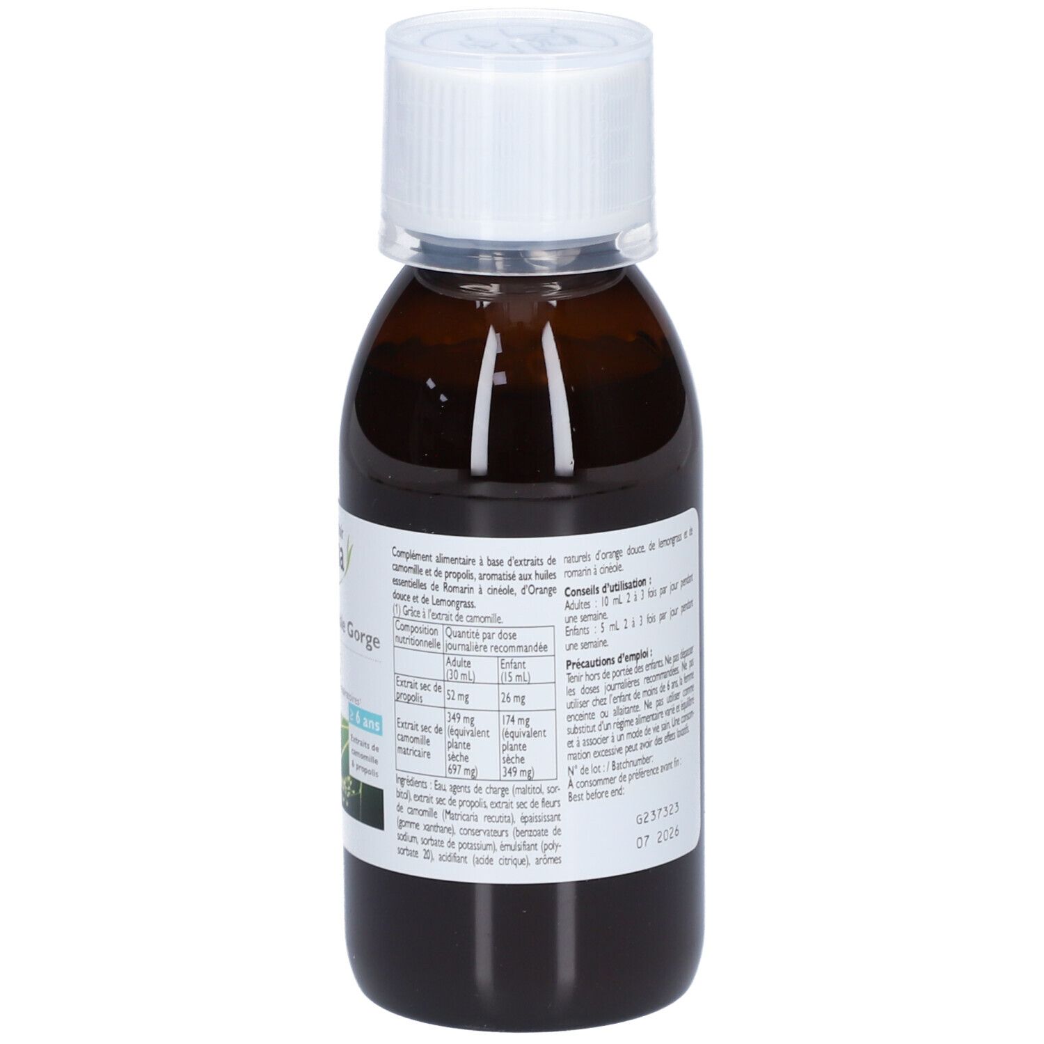 Flacon marron avec bouchon blanc. Étiquette avec informations produit. Inscription : Le comptoir Aroma, Solution buvable Gorge.