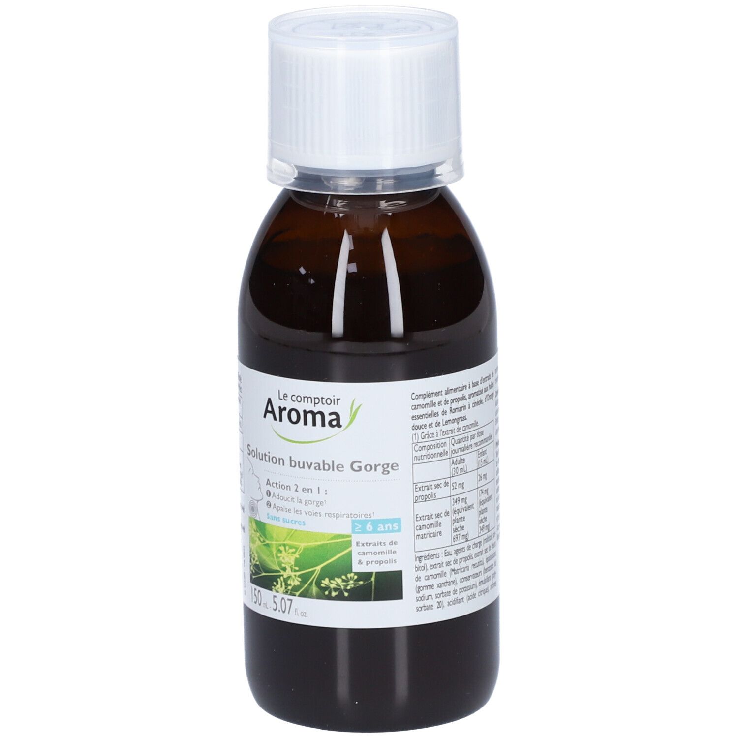 Flacon marron avec bouchon blanc. Étiquette avec informations produit. Inscription : Le comptoir Aroma, Solution buvable Gorge.