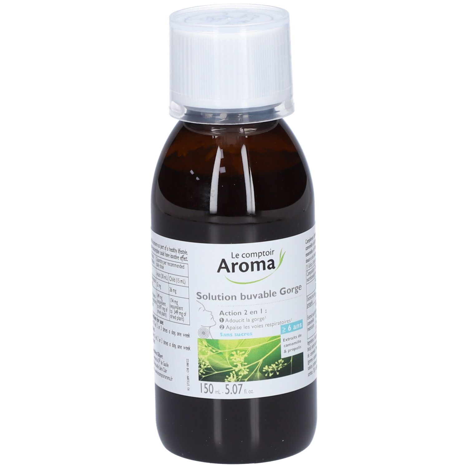 Flacon marron avec bouchon blanc. Étiquette avec informations produit. Inscription : Le comptoir Aroma, Solution buvable Gorge.