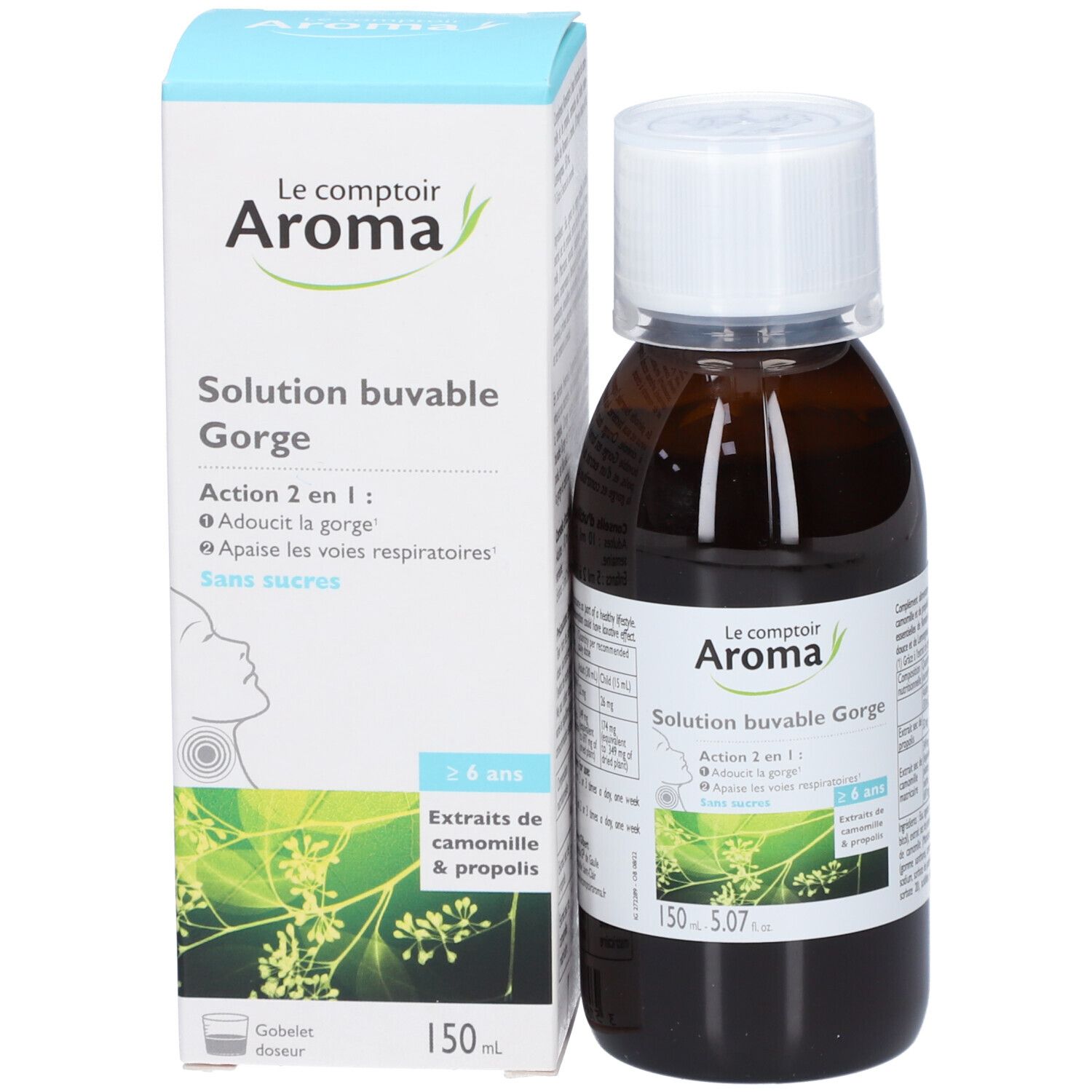 Flacon marron et boîte. Inscription : Le comptoir Aroma, Solution buvable Gorge. Boîte avec image et texte du produit.
