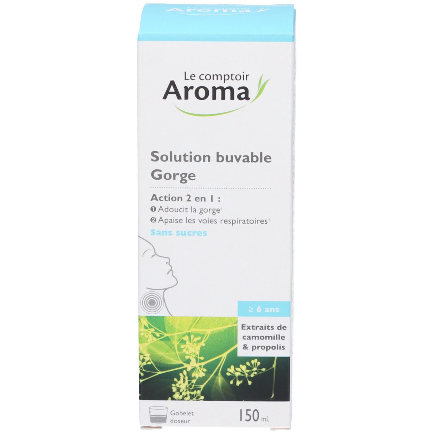 Boîte avec informations produit. Inscription : Le comptoir Aroma, Solution buvable Gorge. Illustration d'une gorge.