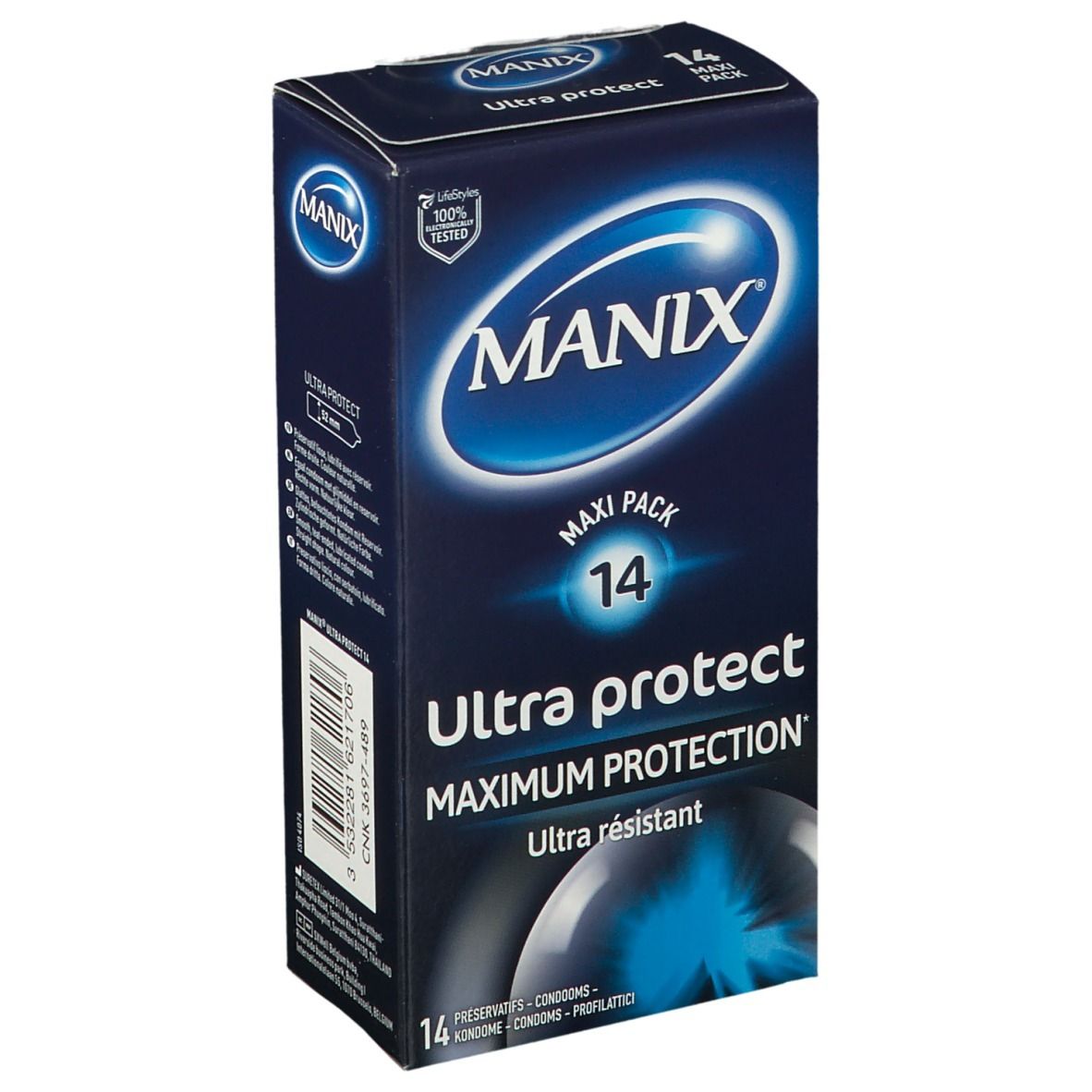Boîte de préservatifs MANIX Ultra protect, Maxi Pack 14. Emballage bleu avec informations produit et logo.