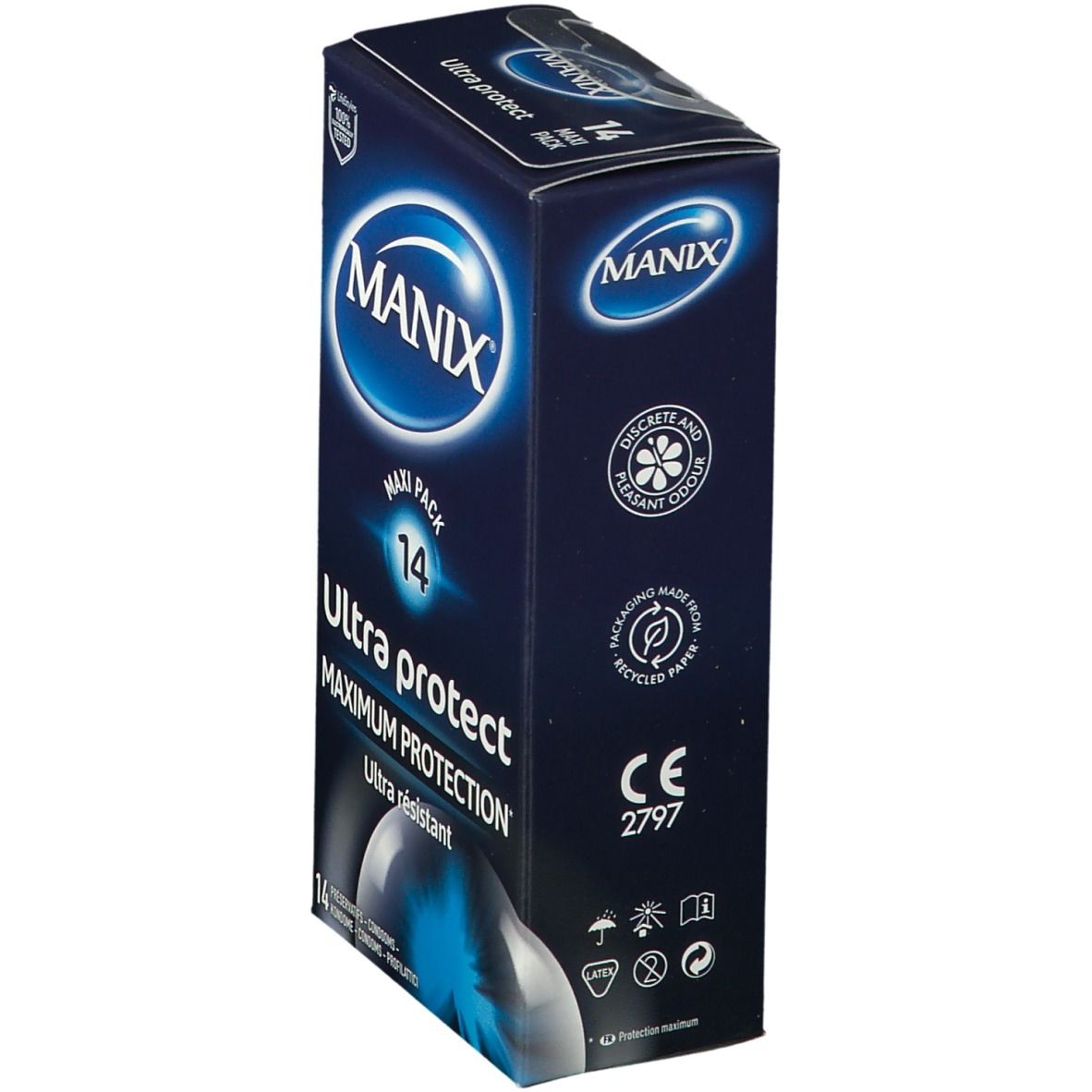 Emballage de préservatifs MANIX Ultra protect. Boîte bleue, logo, 'Maxi Pack 14'. Marquage CE et symbole de recyclage.