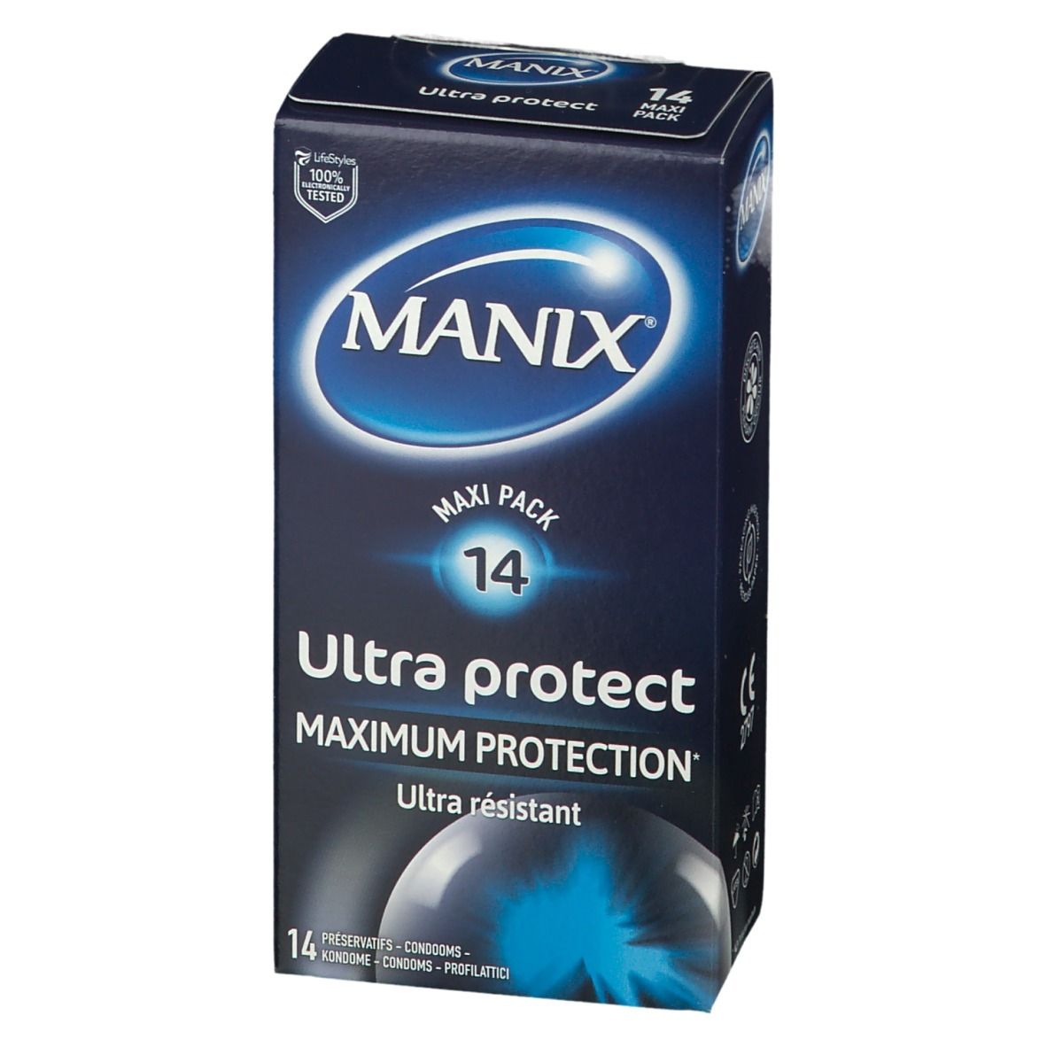 Emballage de préservatifs MANIX Ultra protect. Boîte bleue, logo, 'Maxi Pack 14'. Marquage CE.