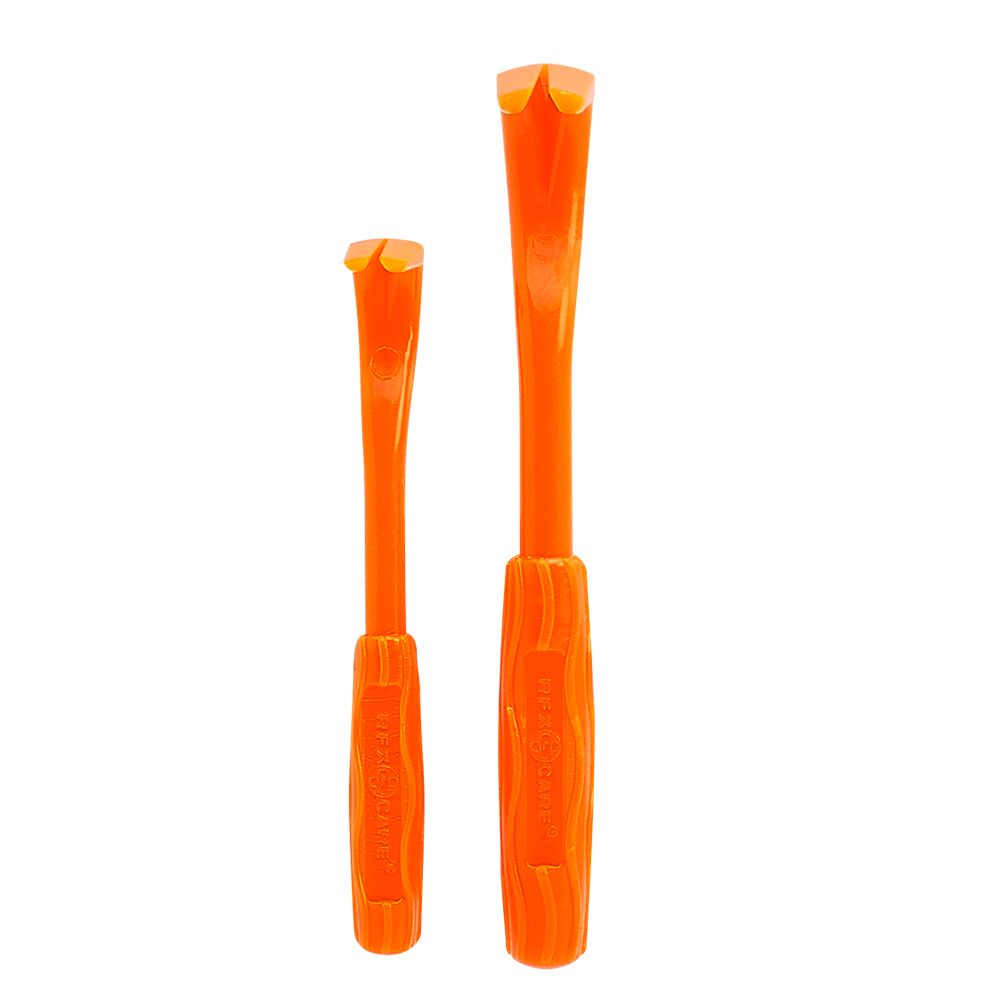Deux outils d'extraction de tiques orange. Différentes tailles. Manche rainuré. Extrémités dentelées.