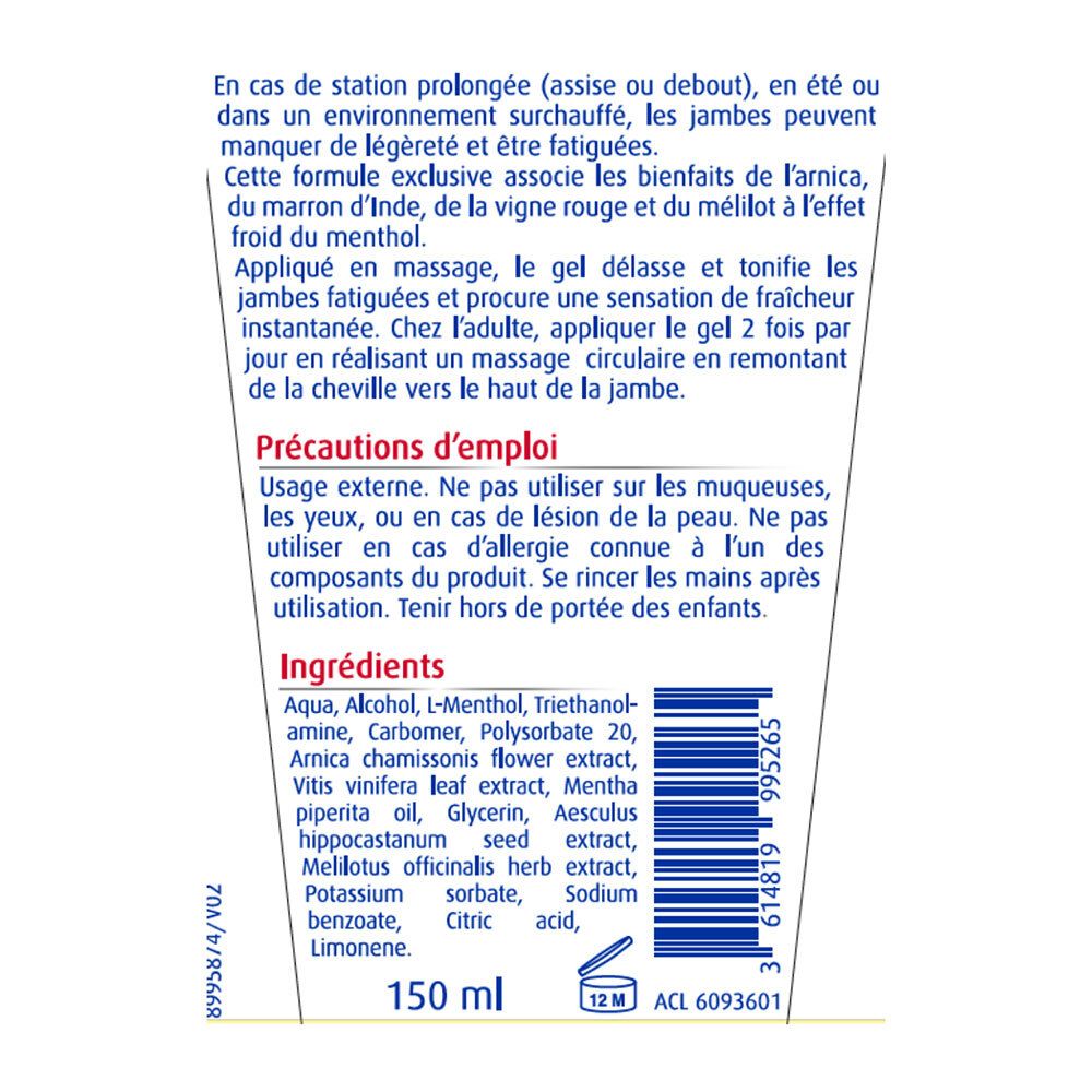 Dos du tube. Texte en français. Liste des ingrédients. Volume: 150 ml. Précautions d'emploi. Informations fabricant.