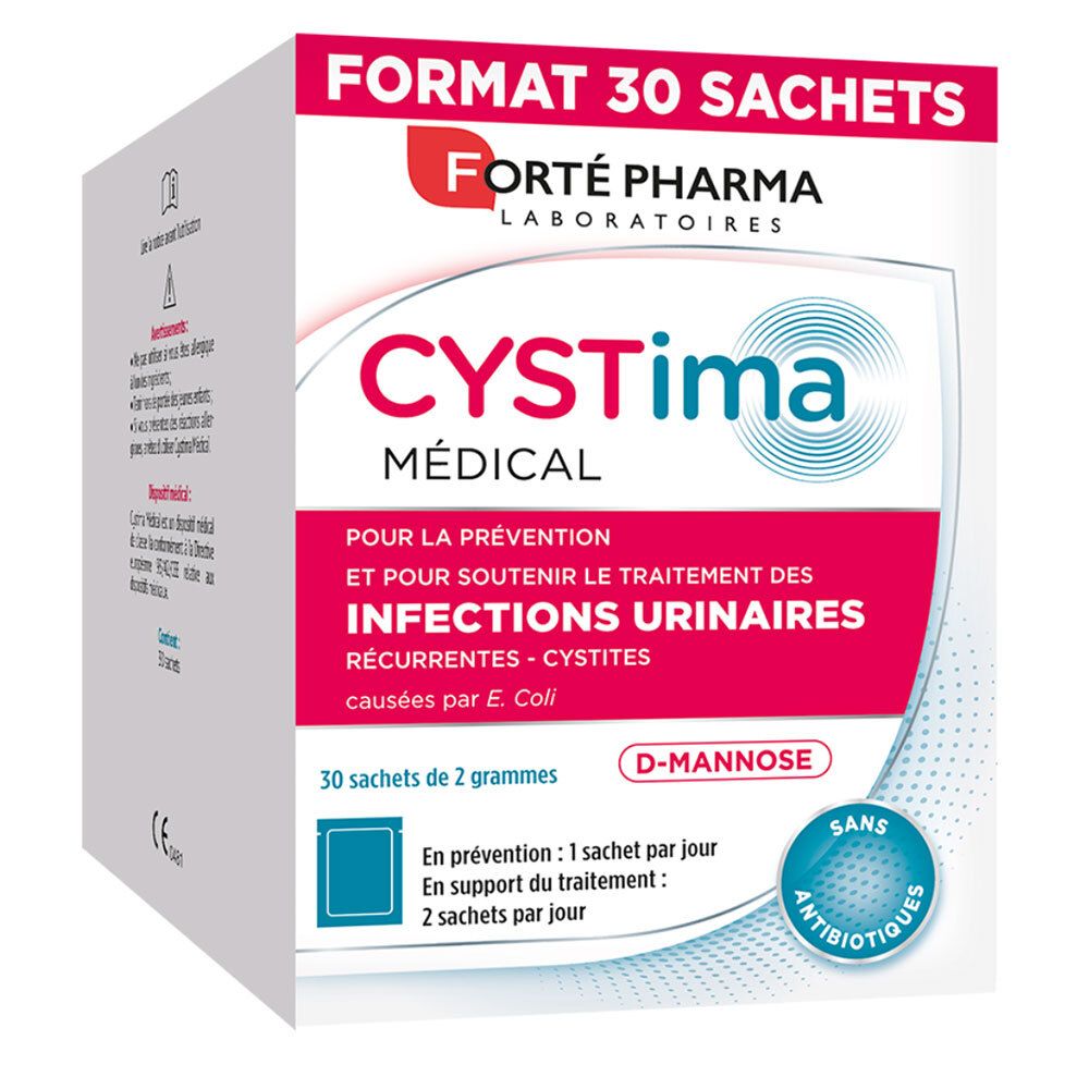 Boîte de CYSTima Médical, 30 sachets. Marque Forté Pharma. Texte: Pour infections urinaires.